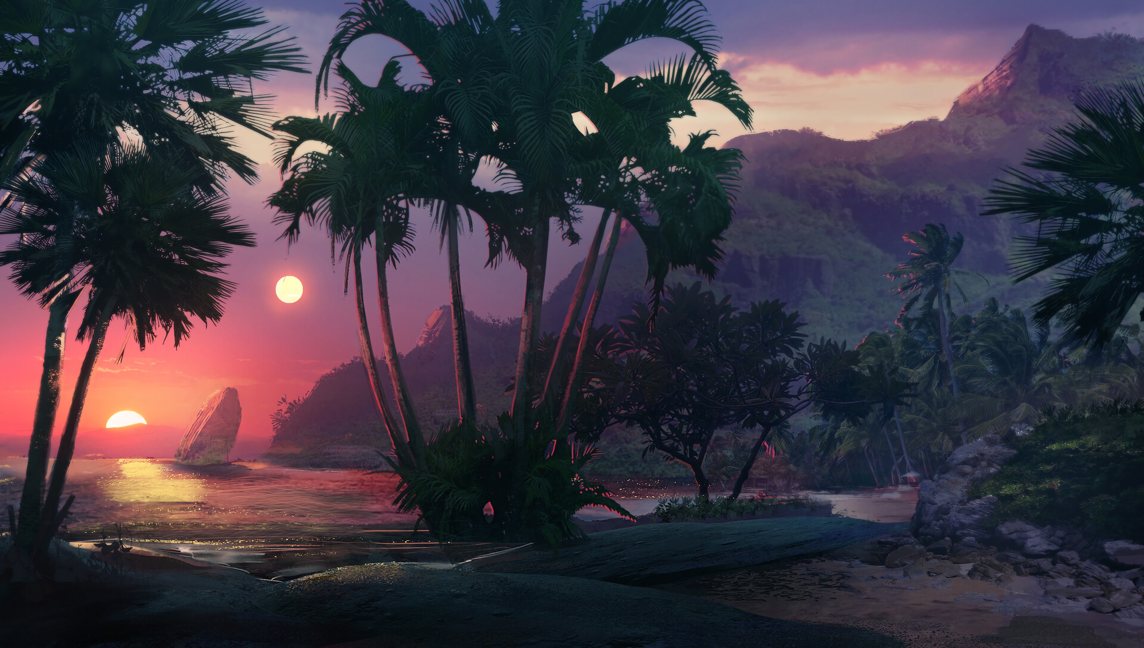 Premium Photo | Anime scenery of a tropical island with palm trees and  shooting stars generative ai