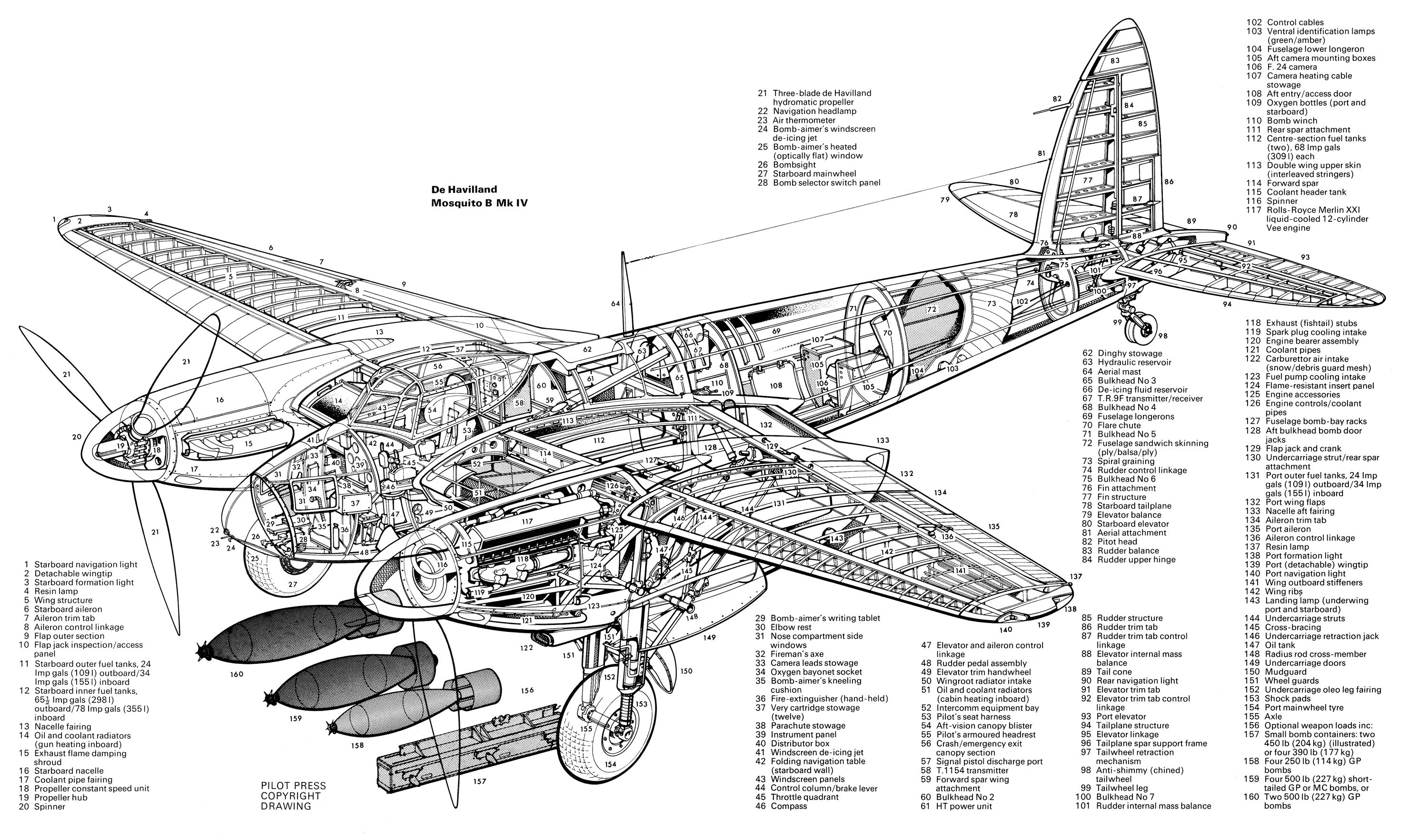 Plan Airplane Blueprints Cross Section De Havilland Mosquito 3000x1765