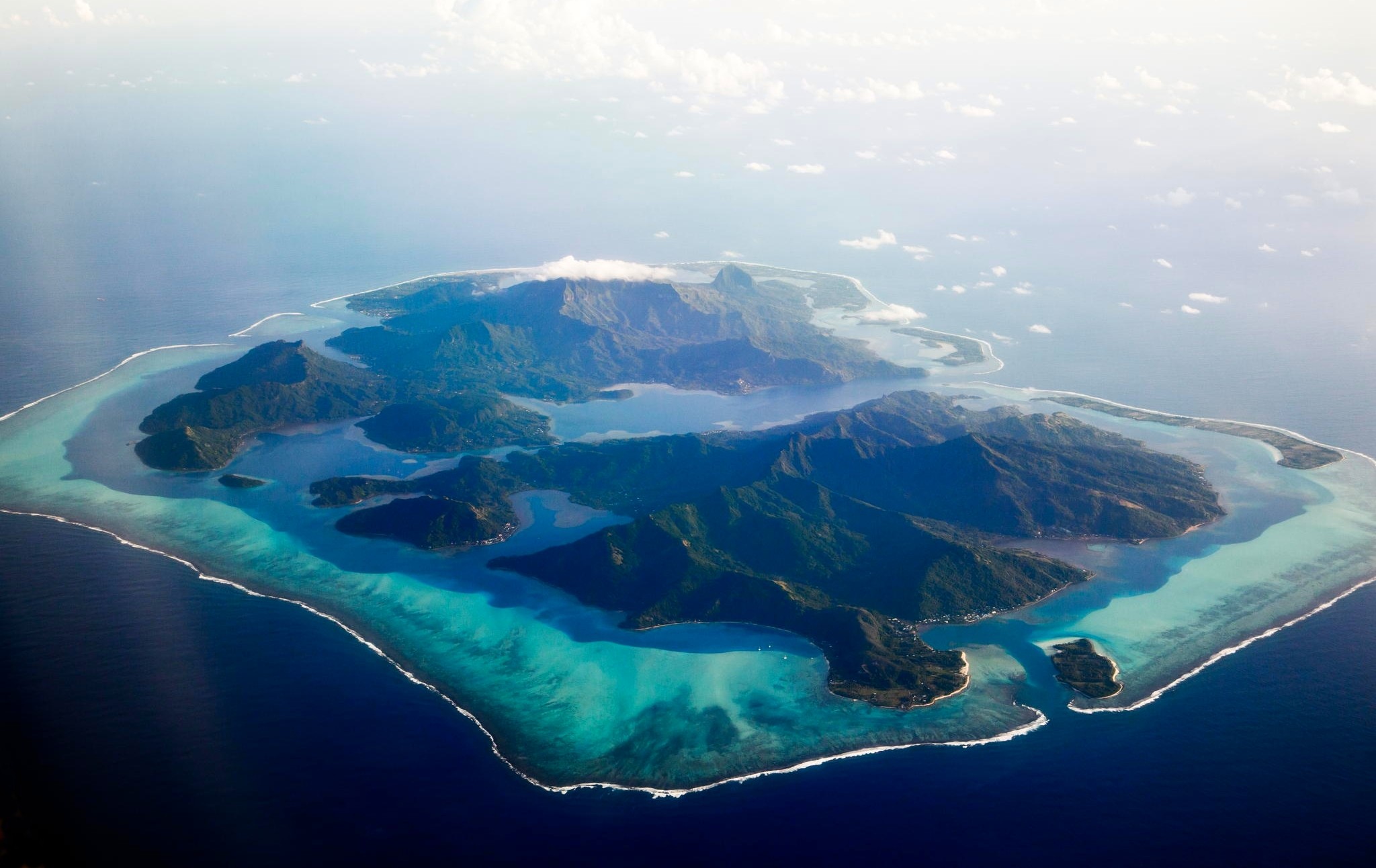 Nature Landscape Aerial View Island Atolls Tropical Sea Beach French Polynesia Clouds Mountains 2048x1292