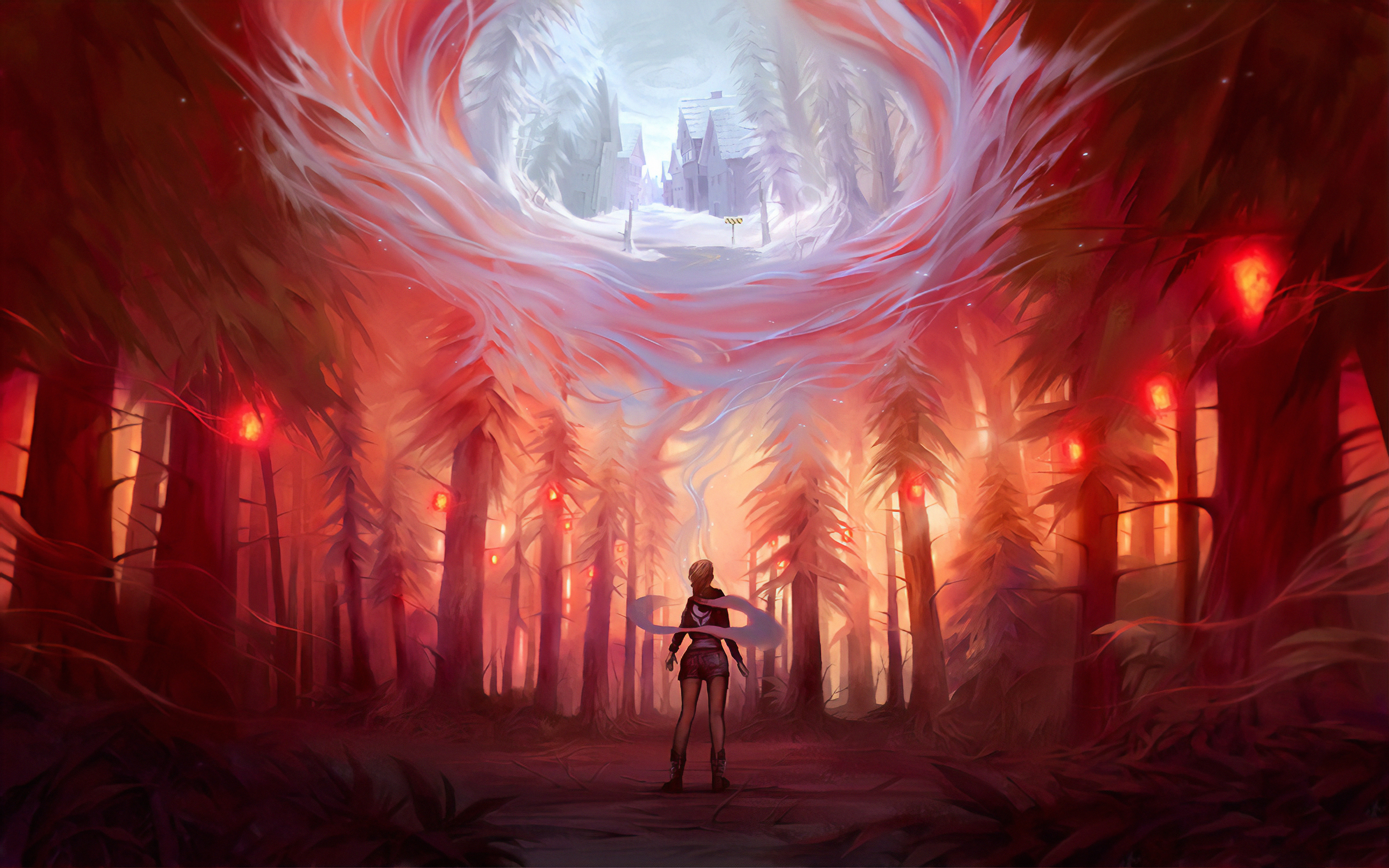 Digital Digital Art Artwork Illustration Drawing Digital Painting Trees Forest Fantasy Art Red White 3840x2400