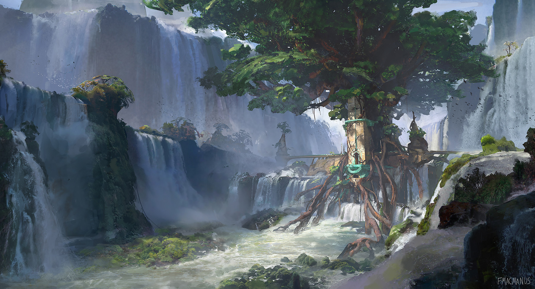 Digital Art Artwork Fantasy Art Tree House Trees Waterfall Finnian MacManus 1800x971