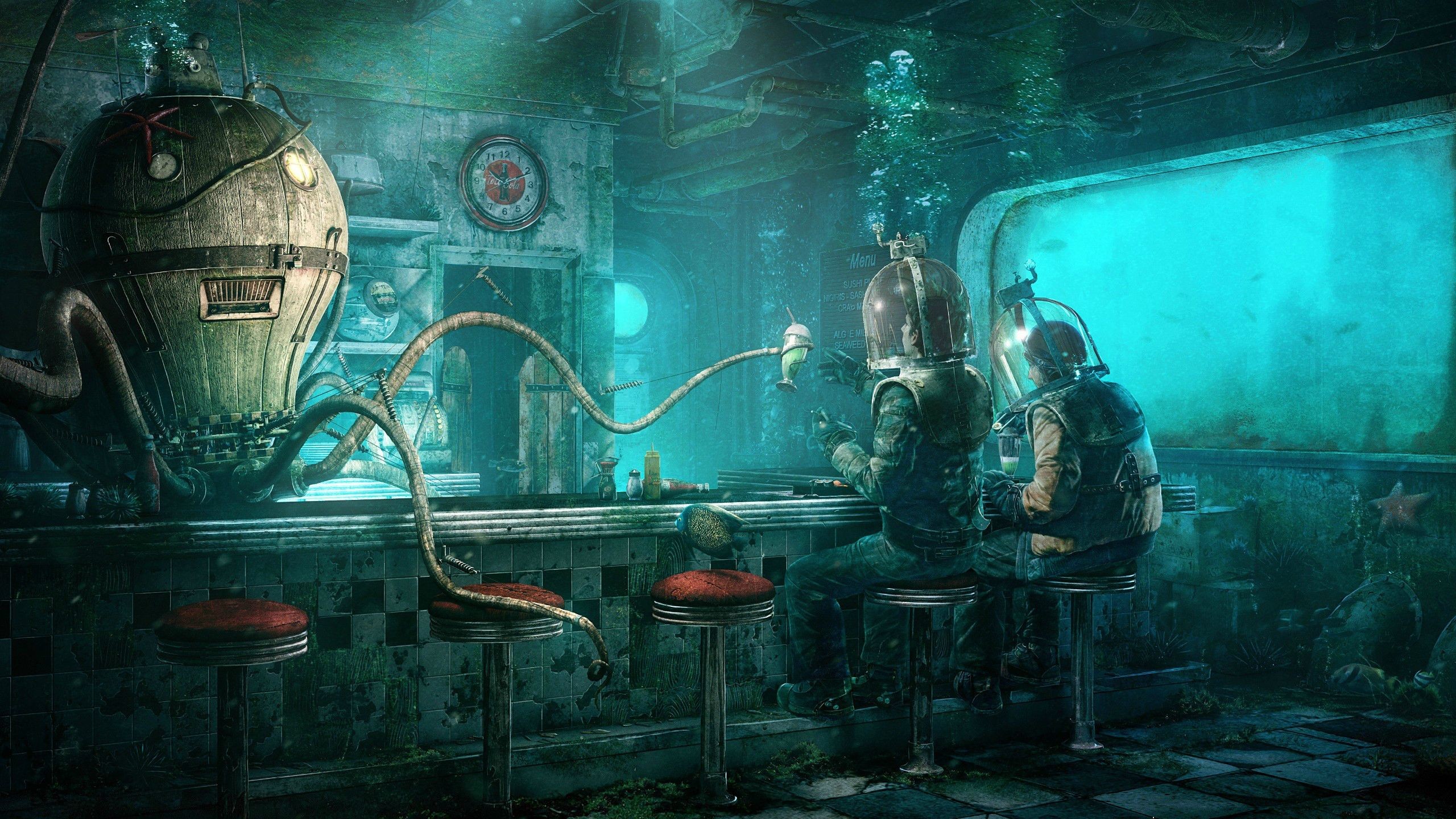 Artwork Fantasy Art Science Fiction Underwater Sea Blue Fictional Turquoise Diner Robot Divers Cyan  2560x1440
