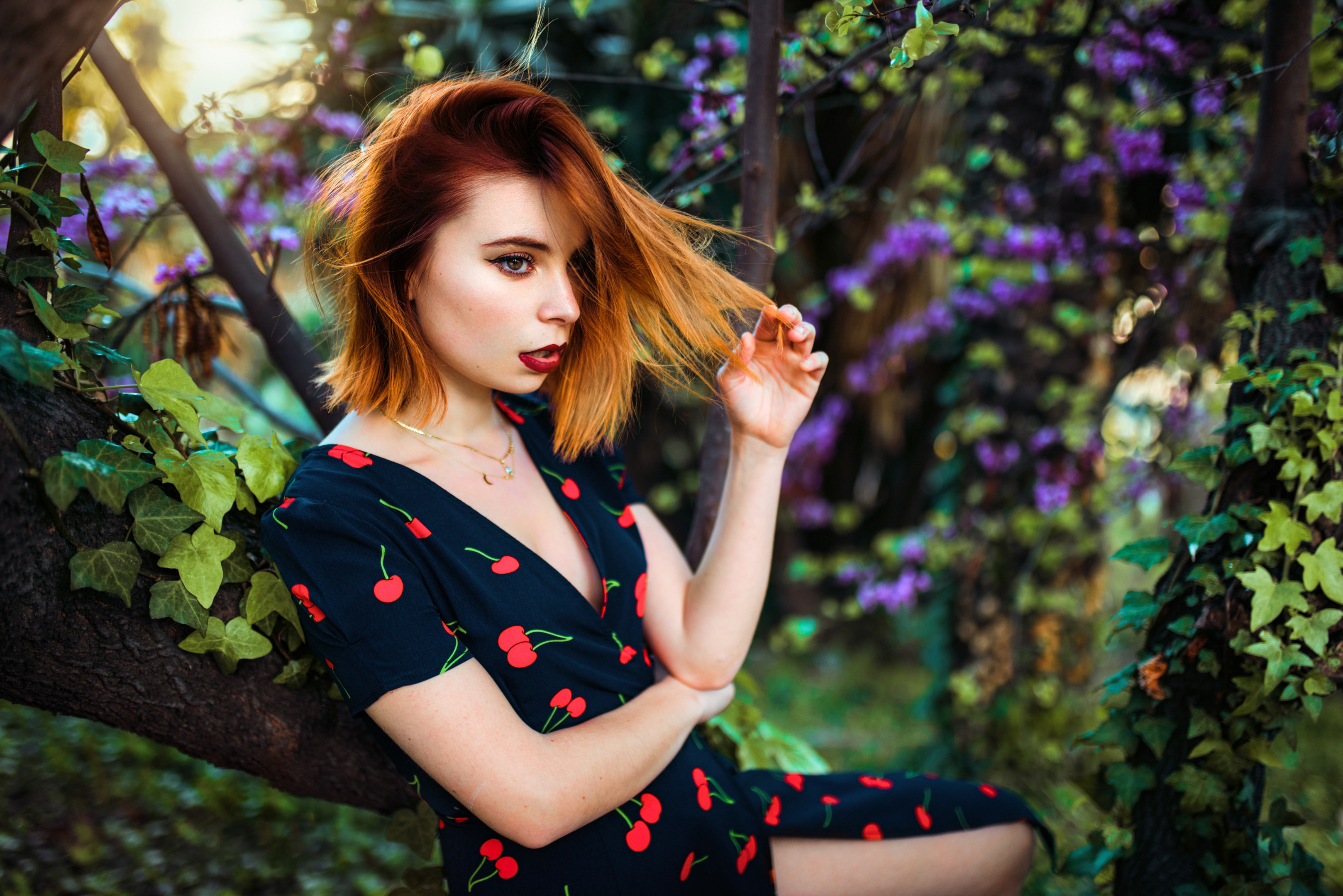 Women Model Redhead Profile Looking Away Touching Hair Red Lipstick Makeup Parted Lips Brown Eyes Ne 3236x2160