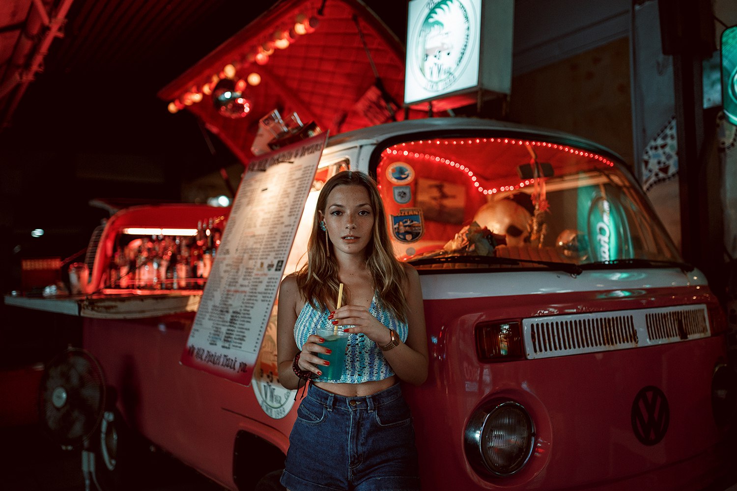 Russian Model Women With Cars Volkswagen Brunette Painted Nails Women Red Vw Bus Frontal View Drink  1500x1000