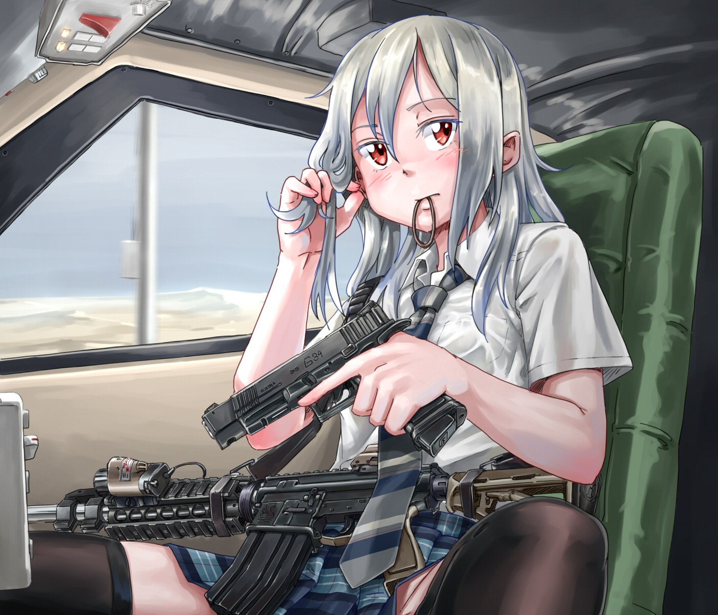 Anime Anime Girls Long Hair Grey Hair Gun Weapon Red Eyes Car Glock 1400x1200