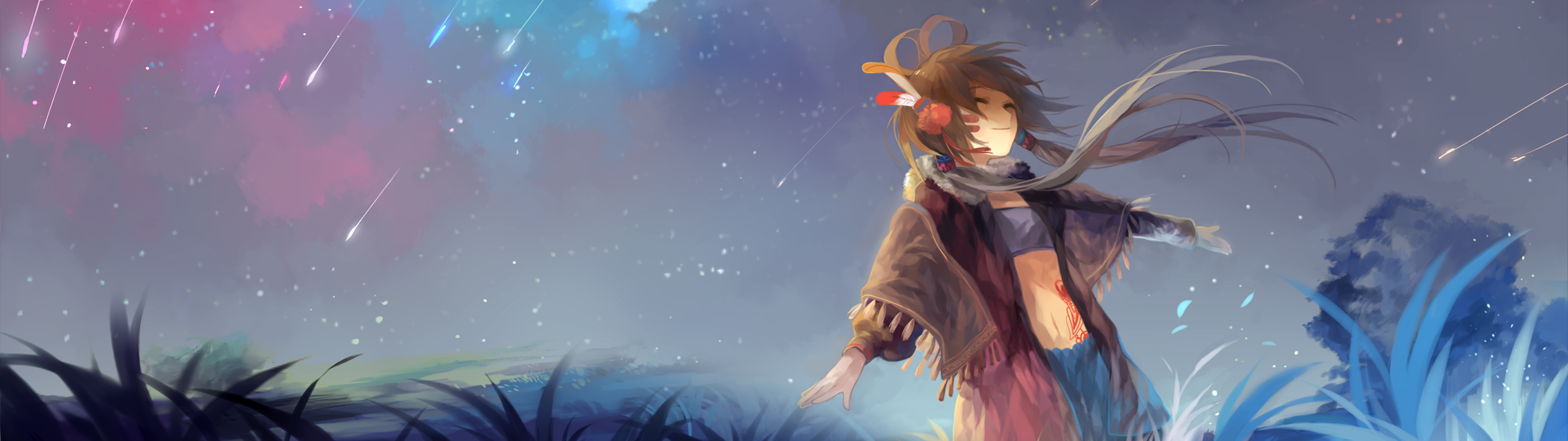 Anime Long Hair Anime Girls Shooting Stars Grass Stars Sky Nature Dancing Happy Face Luo Tianyi Voca 3840x1080