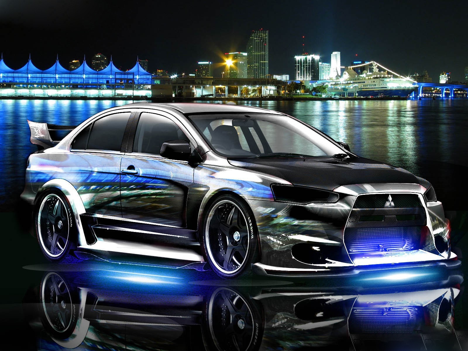 Car Mitsubishi Mitsubishi Lancer Tuning Vehicle Cityscape Night Reflection 1600x1200