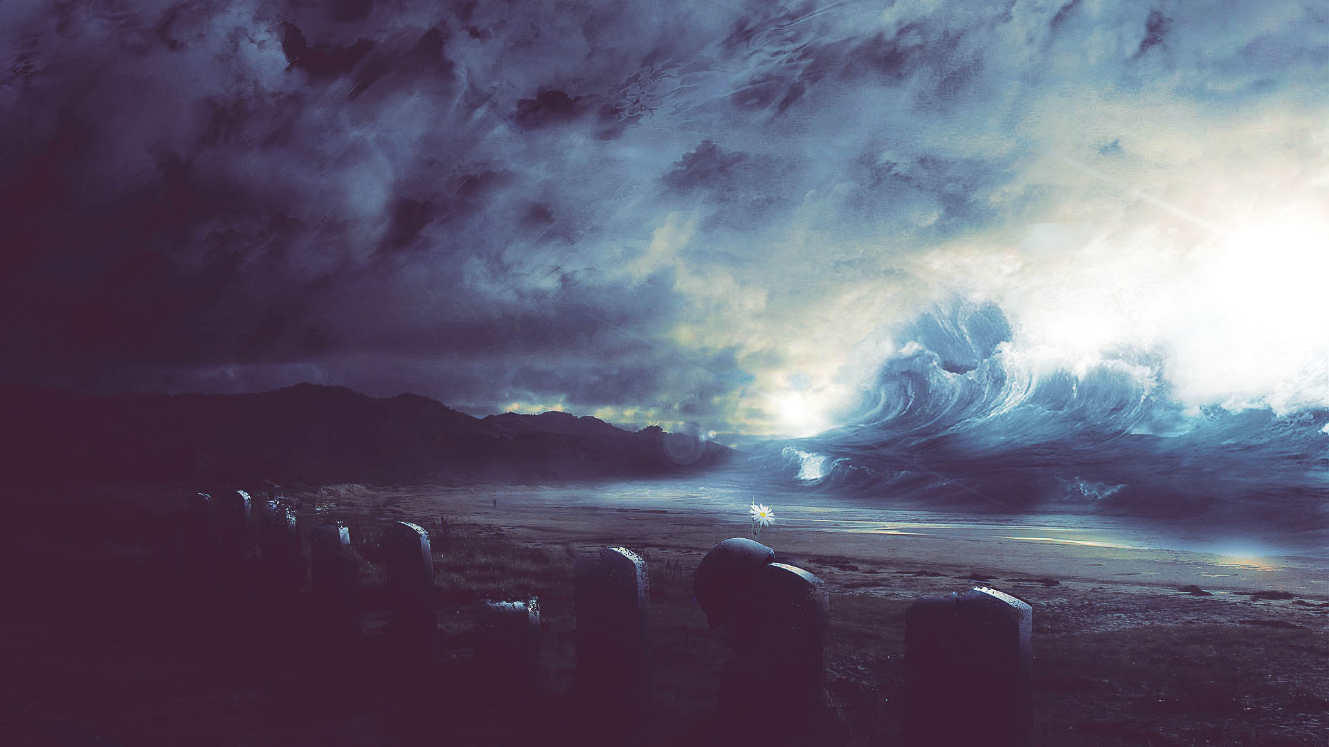 Cemetery Tombstone Ocean Drawing 1920x1080