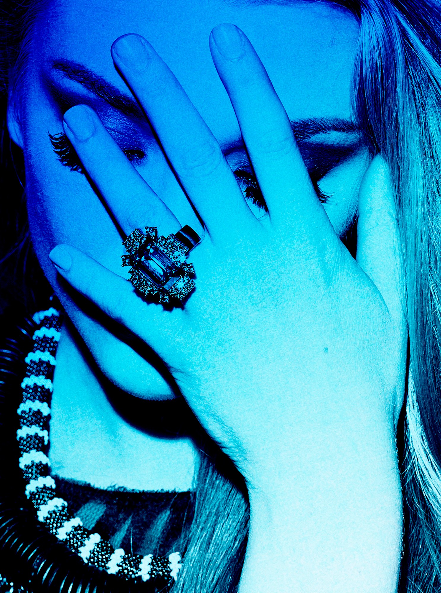 Natalie Dormer Women Actress Blue Covered Face Closed Eyes Face Palm Cyan Vertical Rings 1487x2000