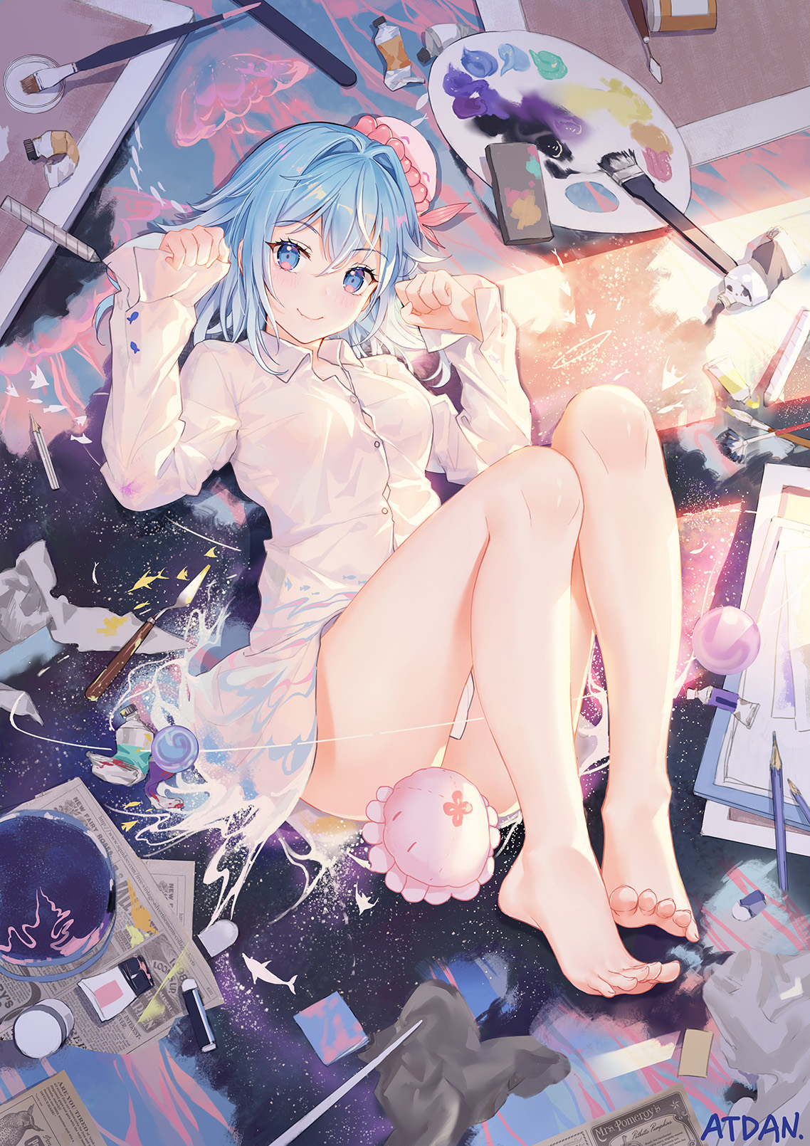 Atdan Short Hair Blue Hair Blue Eyes Paint Brushes Blush Paint Can Pencils Galaxy Anime Barefoot 1138x1610