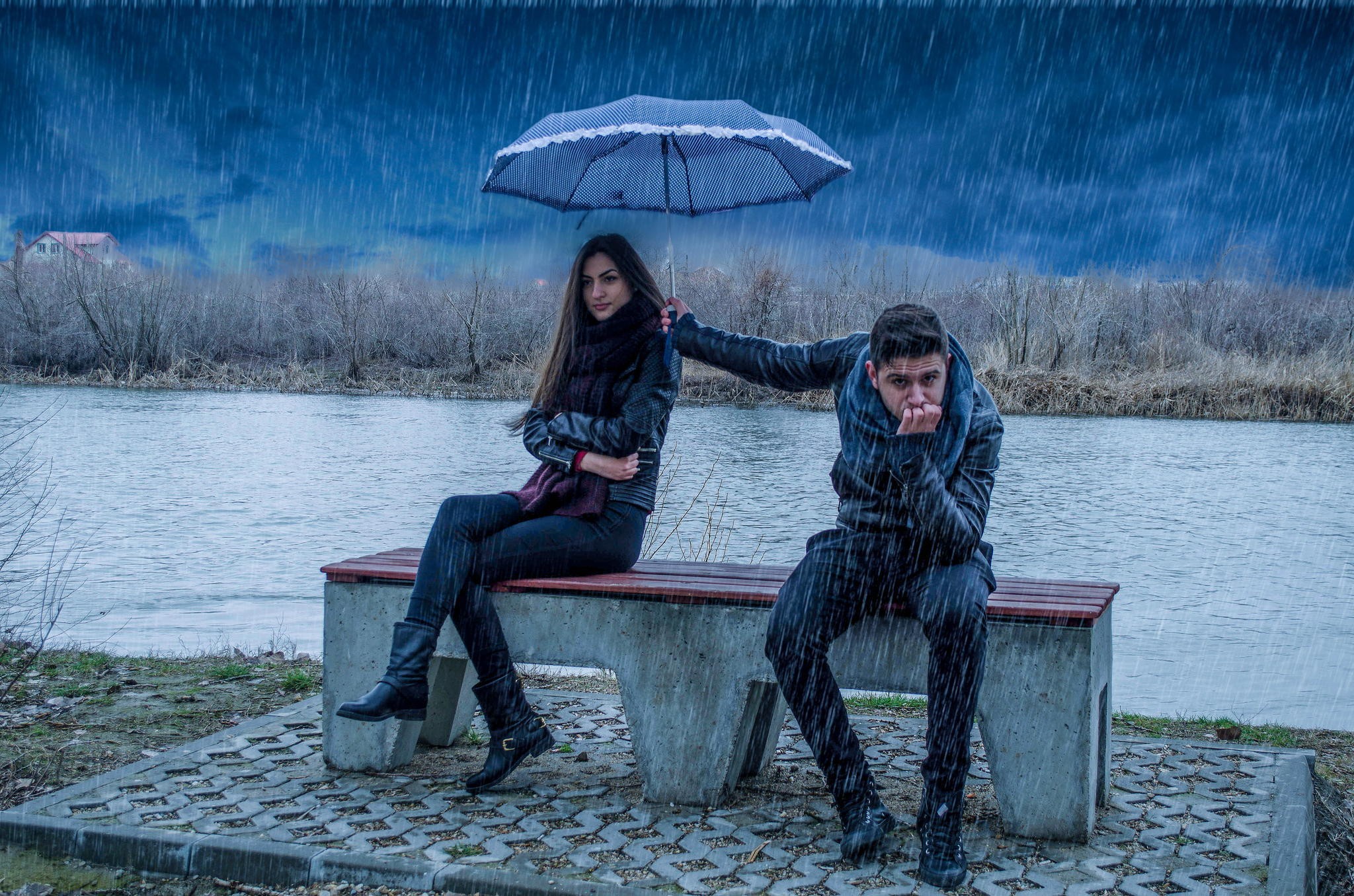 Umbrella Men Women Rain Humor Leather Jackets River Sitting Bench Brunette On Bench Emotions 2048x1356