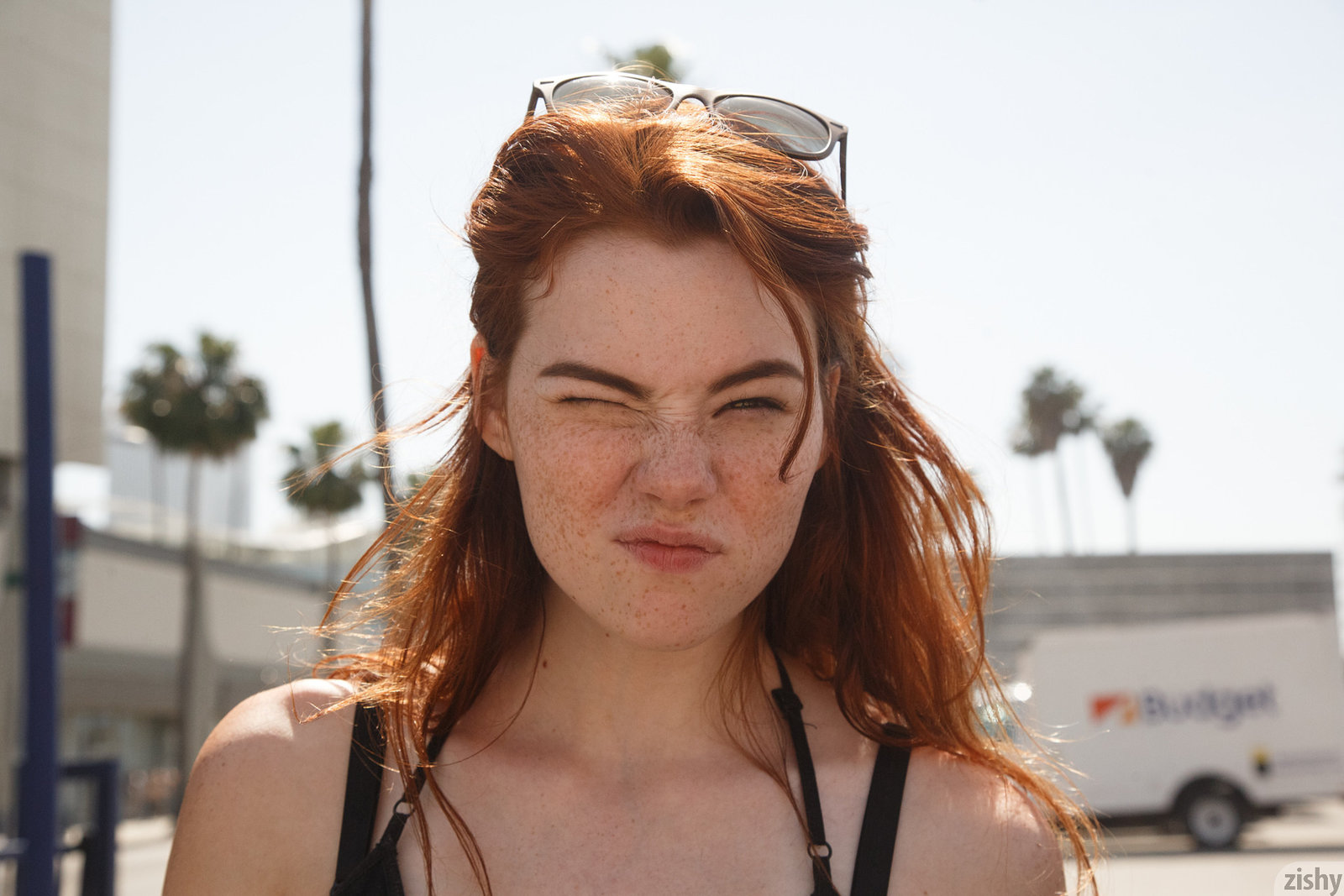 Women Model Redhead Long Hair Face Women Outdoors Women With Shades Freckles Bare Shoulders Street S 1600x1067