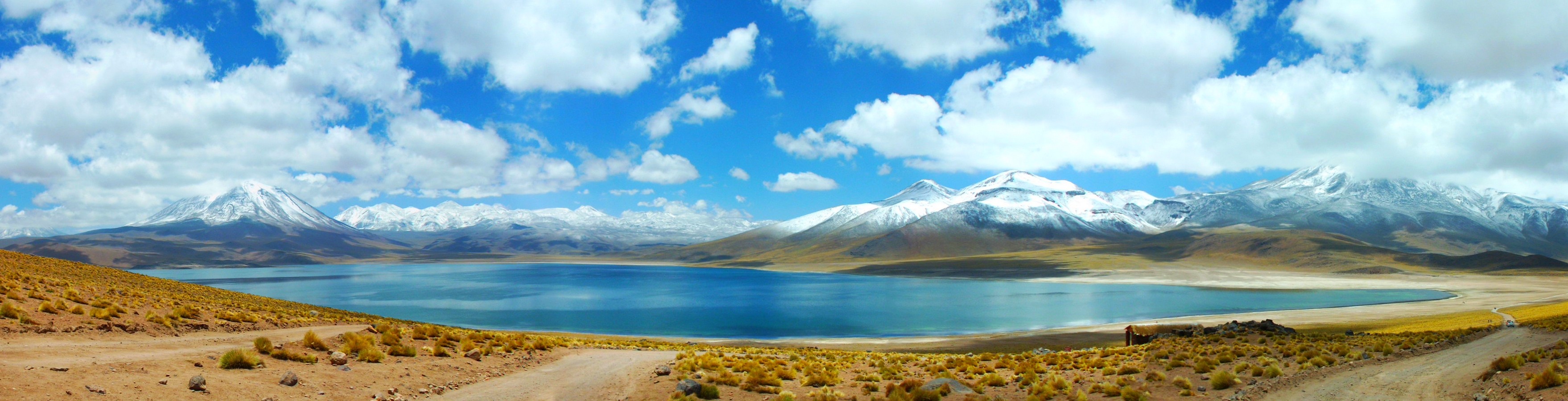 Nature Landscape Photography Panoramas Lake Mountains Clouds Snowy Peak Dirt Road Shrubs Atacama Des 3516x900