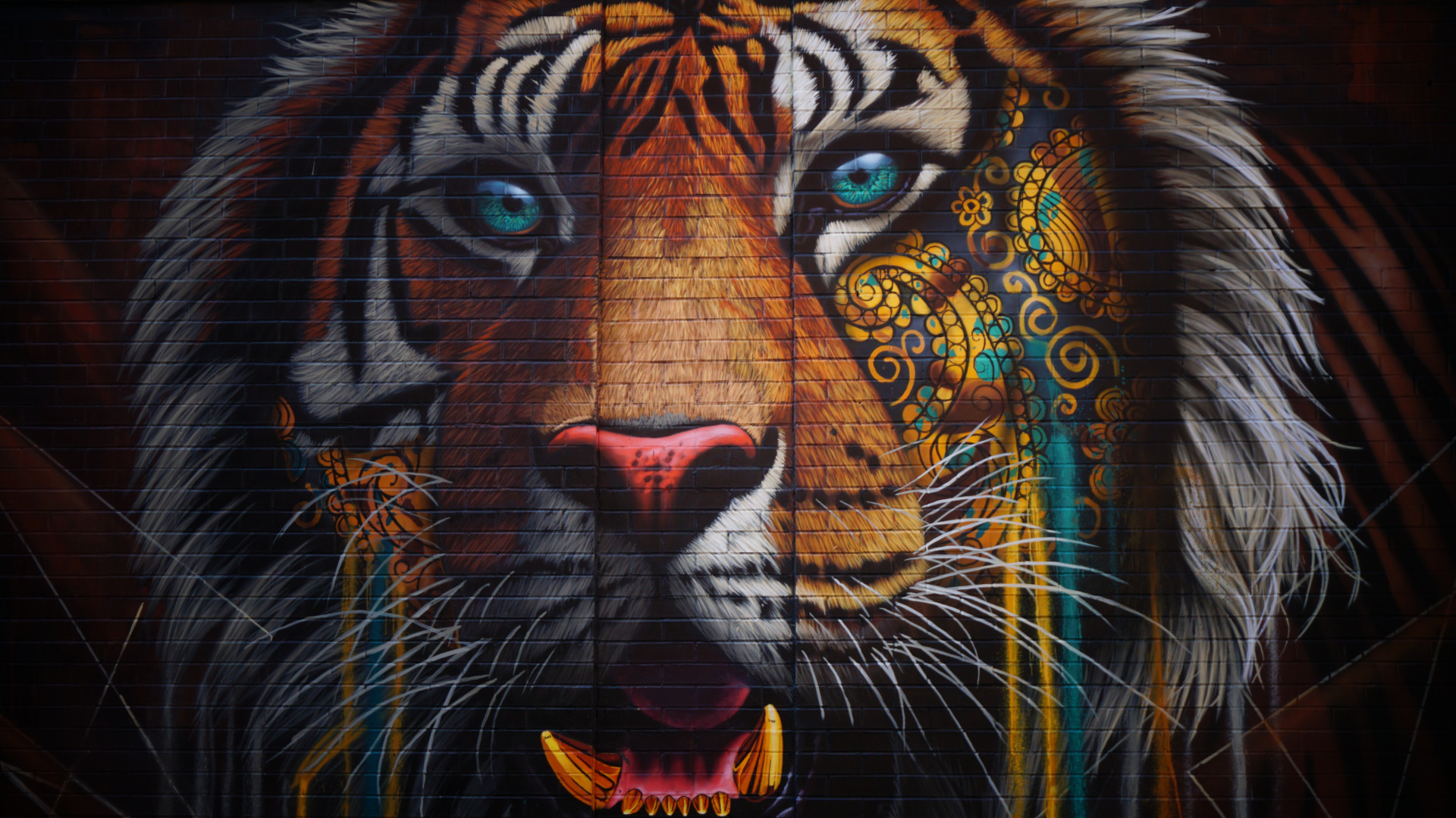Artwork Colorful Graffiti Wall Bricks Animals Tiger Ornamented Fangs Wild Cat Street Art 1920x1080