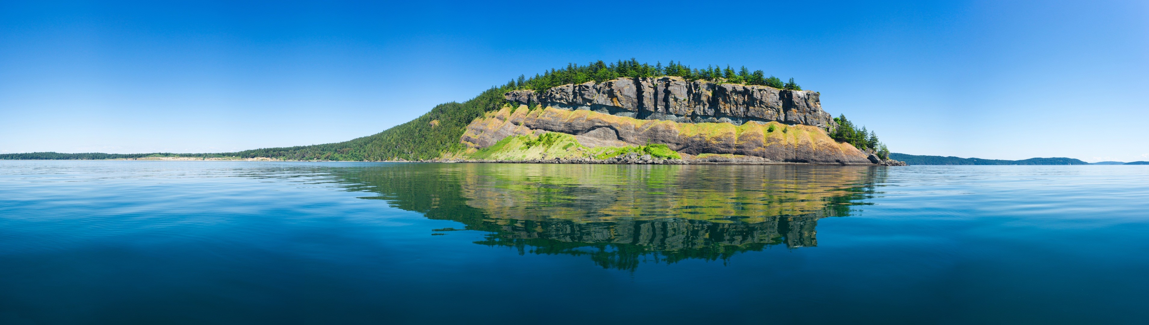 Panoramas Island Cliff Forest Lake Water Blue Green Nature Landscape Reflection 3818x1080