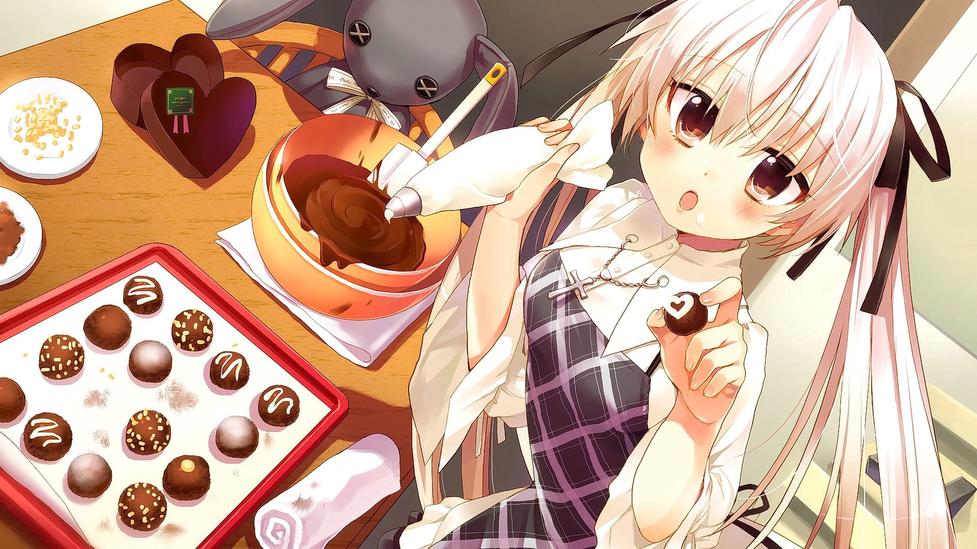 Anime Anime Girls Blonde Long Hair Looking At Viewer Food Candy Open Mouth Hair Band Kitchen Kasugan 1920x1080