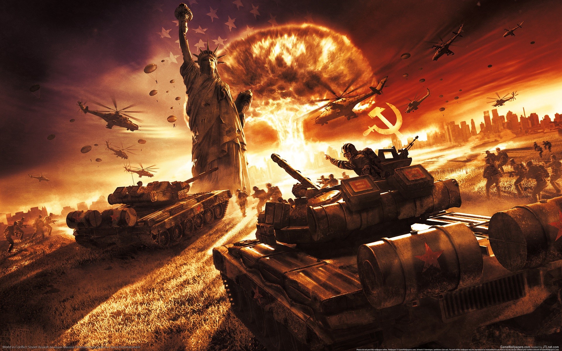 World In Conflict Video Games Soviet Army Soviet Union USSR Statue Statue Of Liberty Tank Aircraft M 1920x1200
