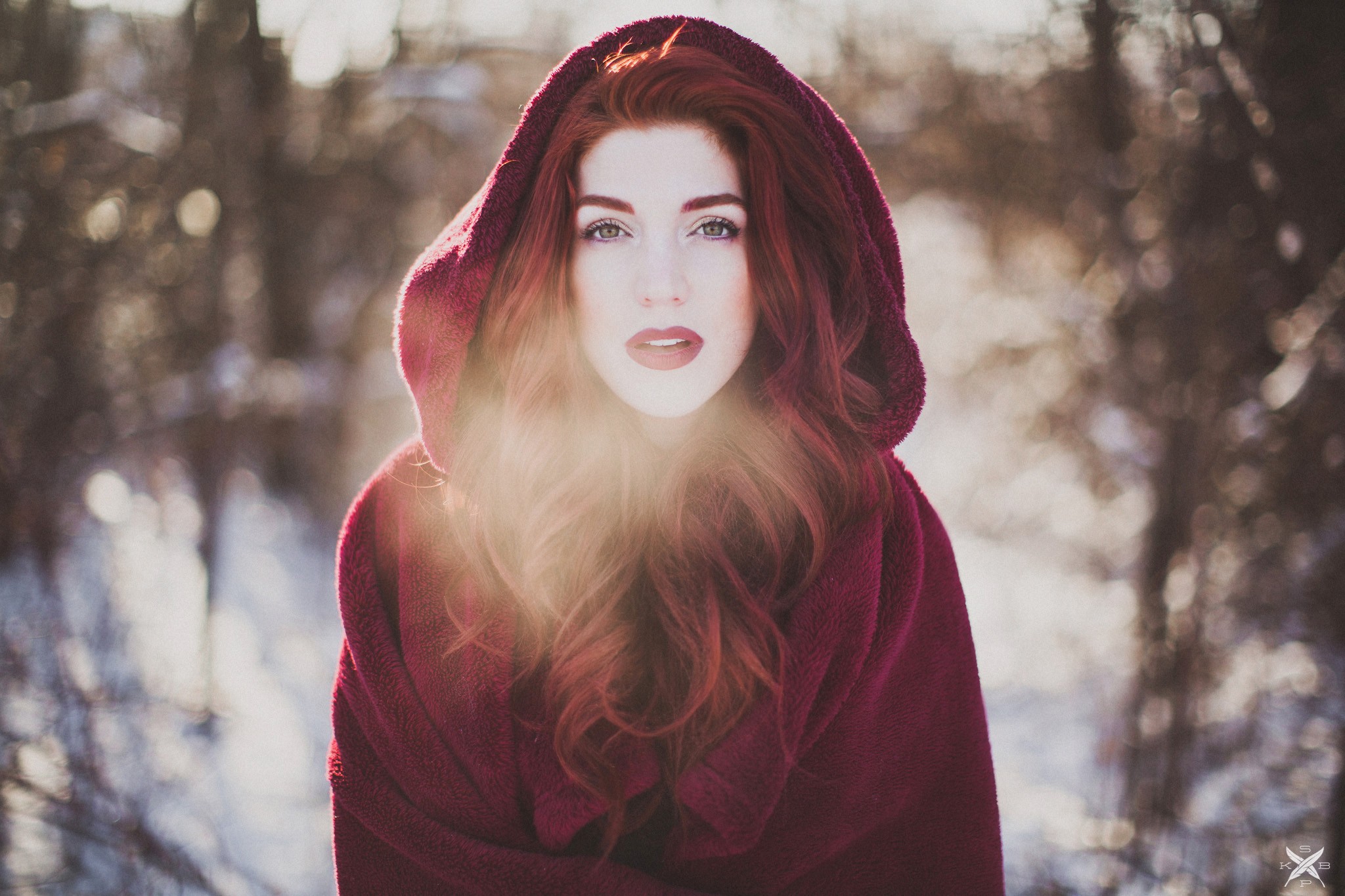 Women Model Looking At Viewer Red Lipstick Trees Bokeh Redhead Red Coat Hoods Open Mouth Classy Wint 2048x1365