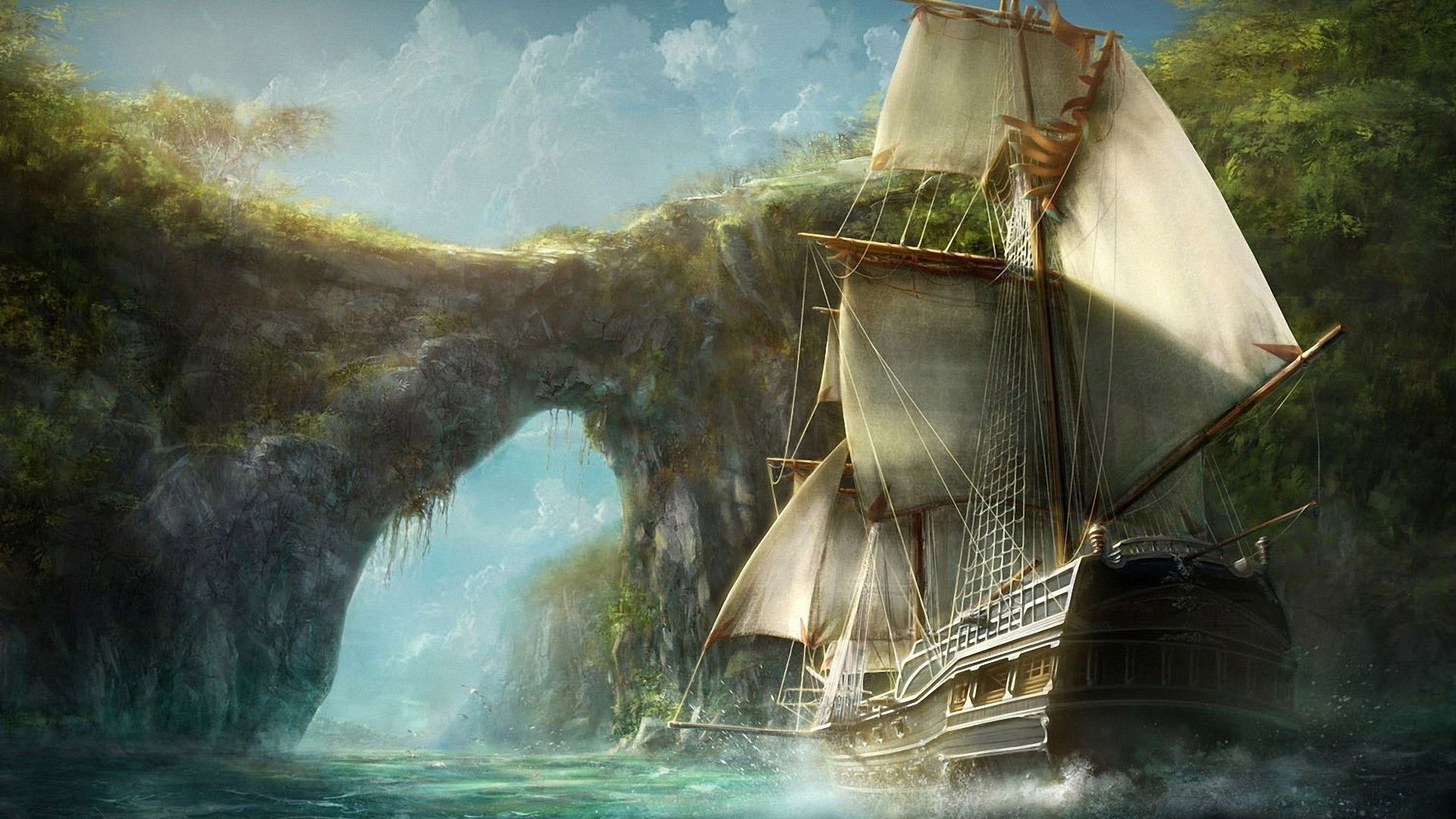 Old Ship Ship Rocks Water Bay Pirates Caribbean Digital Art 1920x1080