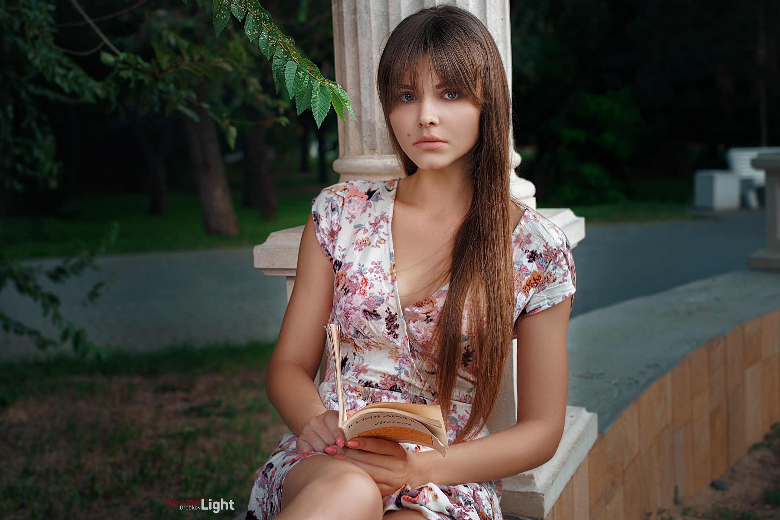 Women Brunette Women Outdoors Books Dress Face Bangs Long Hair Blue Eyes Portrait Tanned Anastasia L 2560x1707