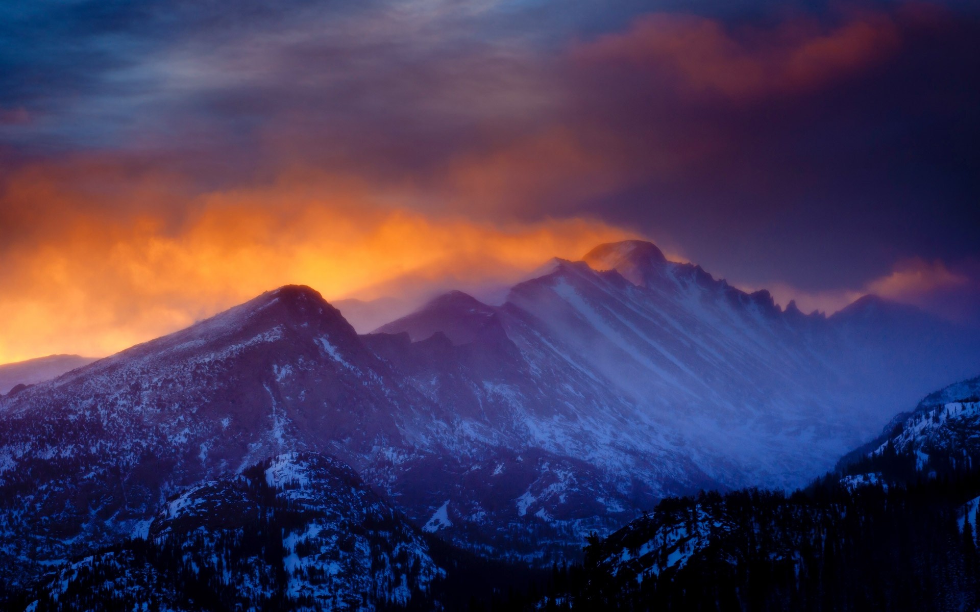 Nature Landscape Mountains Sunset Rocky Mountain National Park Clouds Forest Mist Snowy Peak Winter 1920x1200