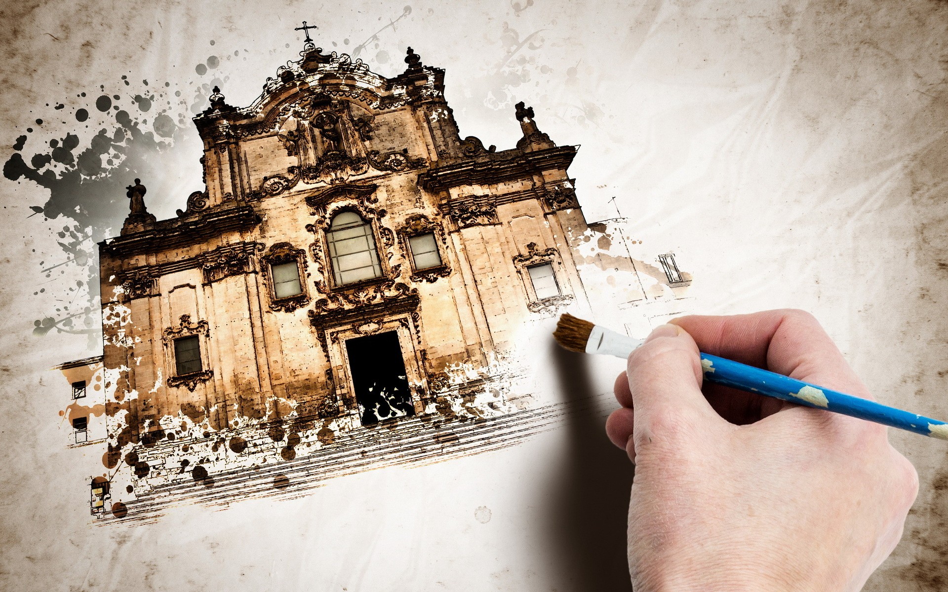 Painting Church Paintbrushes Paint Splatter Canvas Digital Art Beige 1920x1200