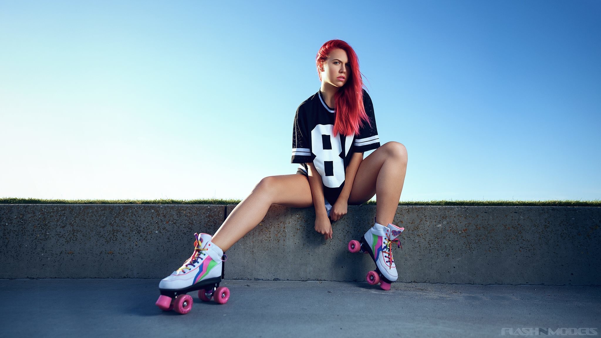 Women Model Redhead Rollerskates 2048x1152
