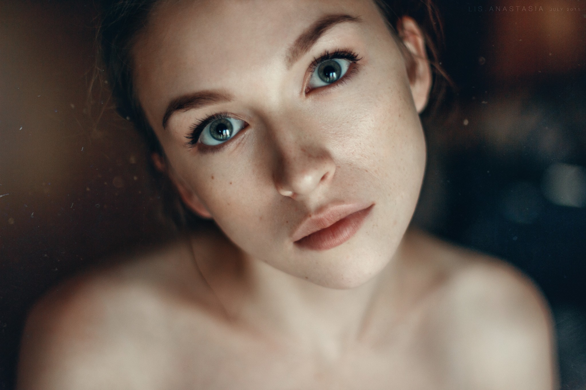 Women Model Brunette Blue Eyes Freckles Face Bare Shoulders Portrait Looking At Viewer Anastasia Lis 2048x1365