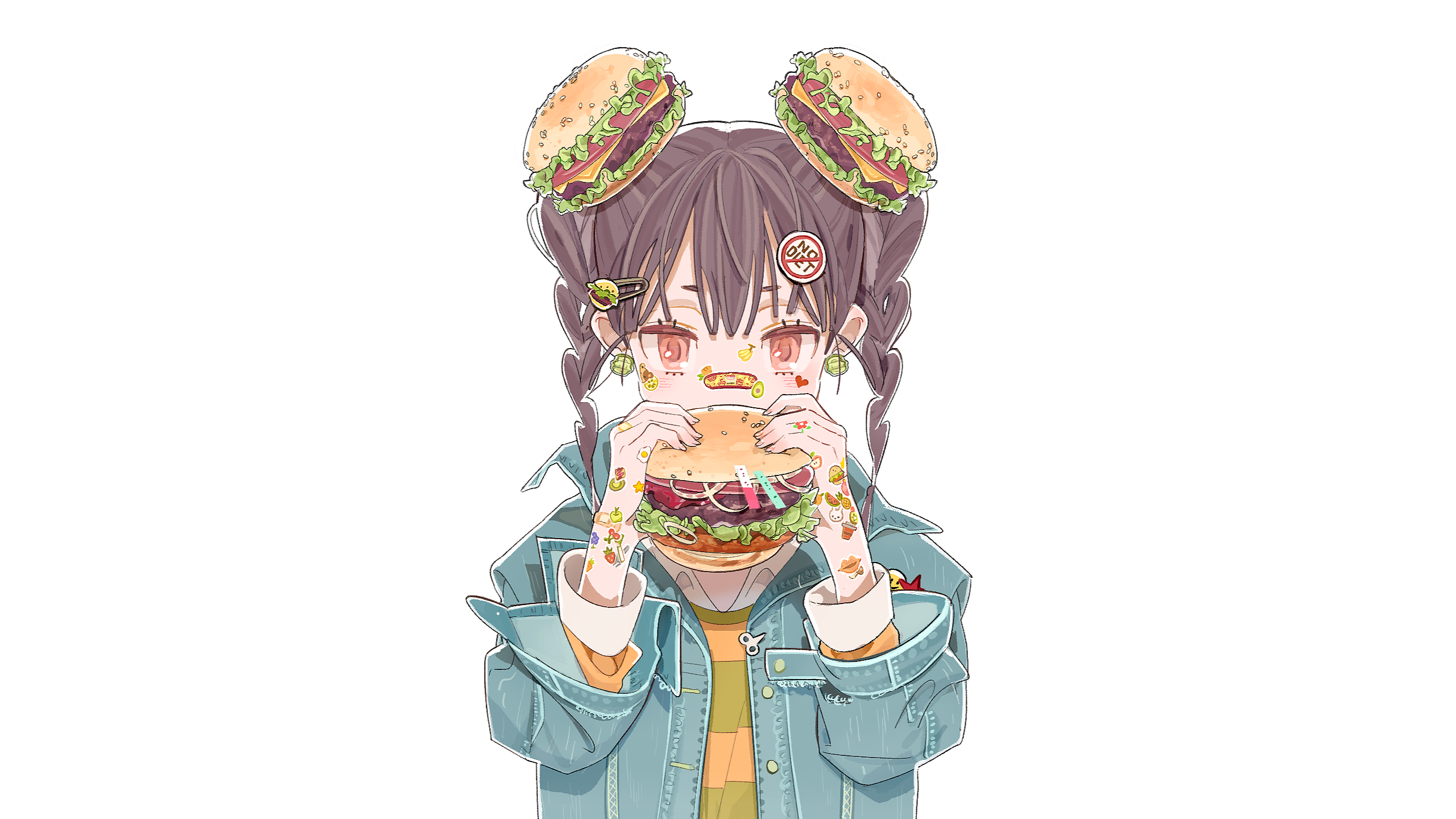 Anime Anime Girls White Background Original Characters Anime Girls Eating Hamburgers Red Eyes 2560x1440