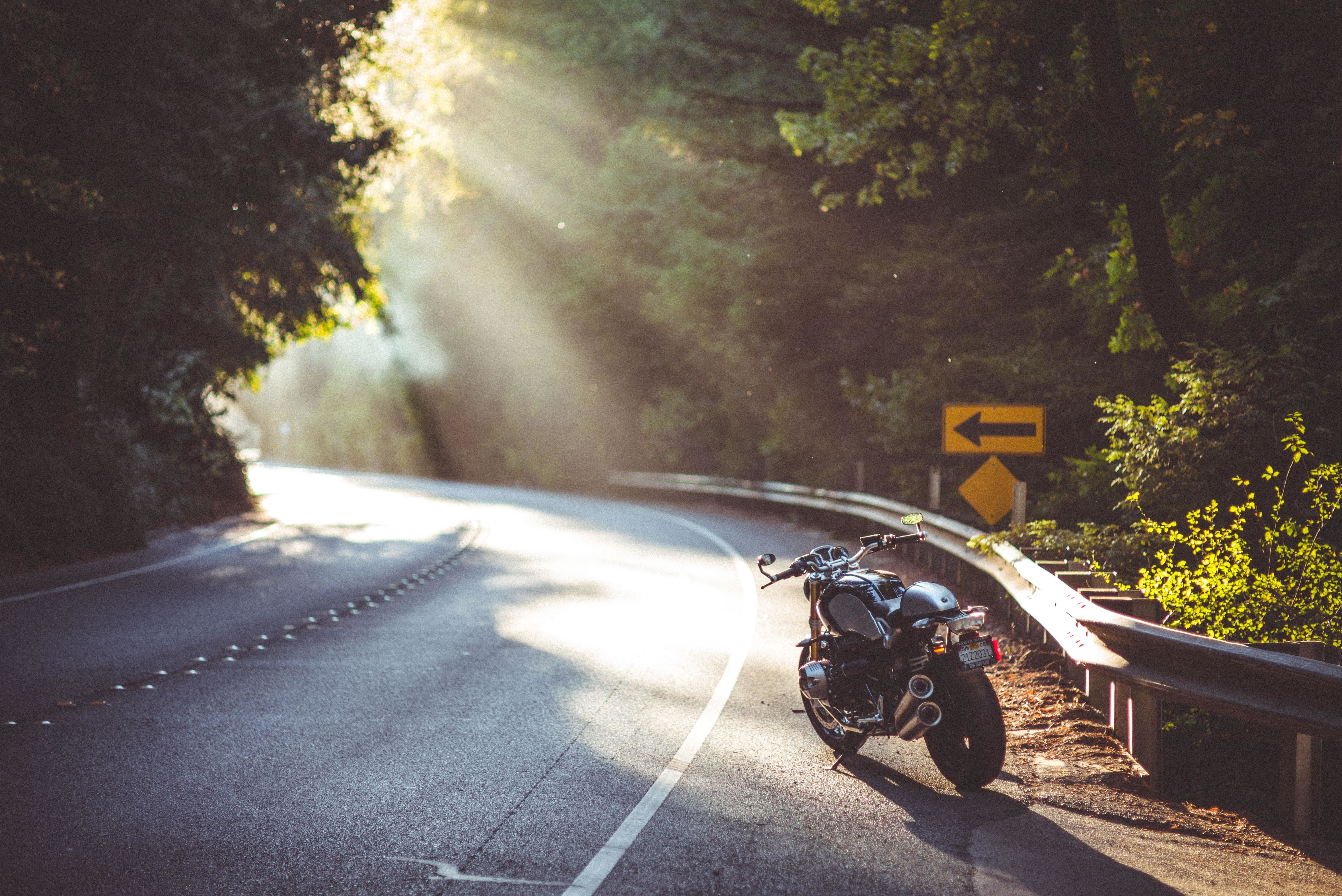 Highway Motorcycle Sun Rays BMW Solice Road Sunlight Forest Dappled Sunlight Asphalt Road Sign Summe 5513x3683