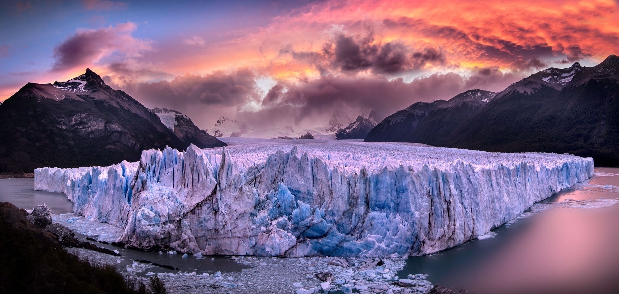 Glaciers Argentina Sunset Sea Mountains Clouds Snowy Peak Nature Landscape 2000x951