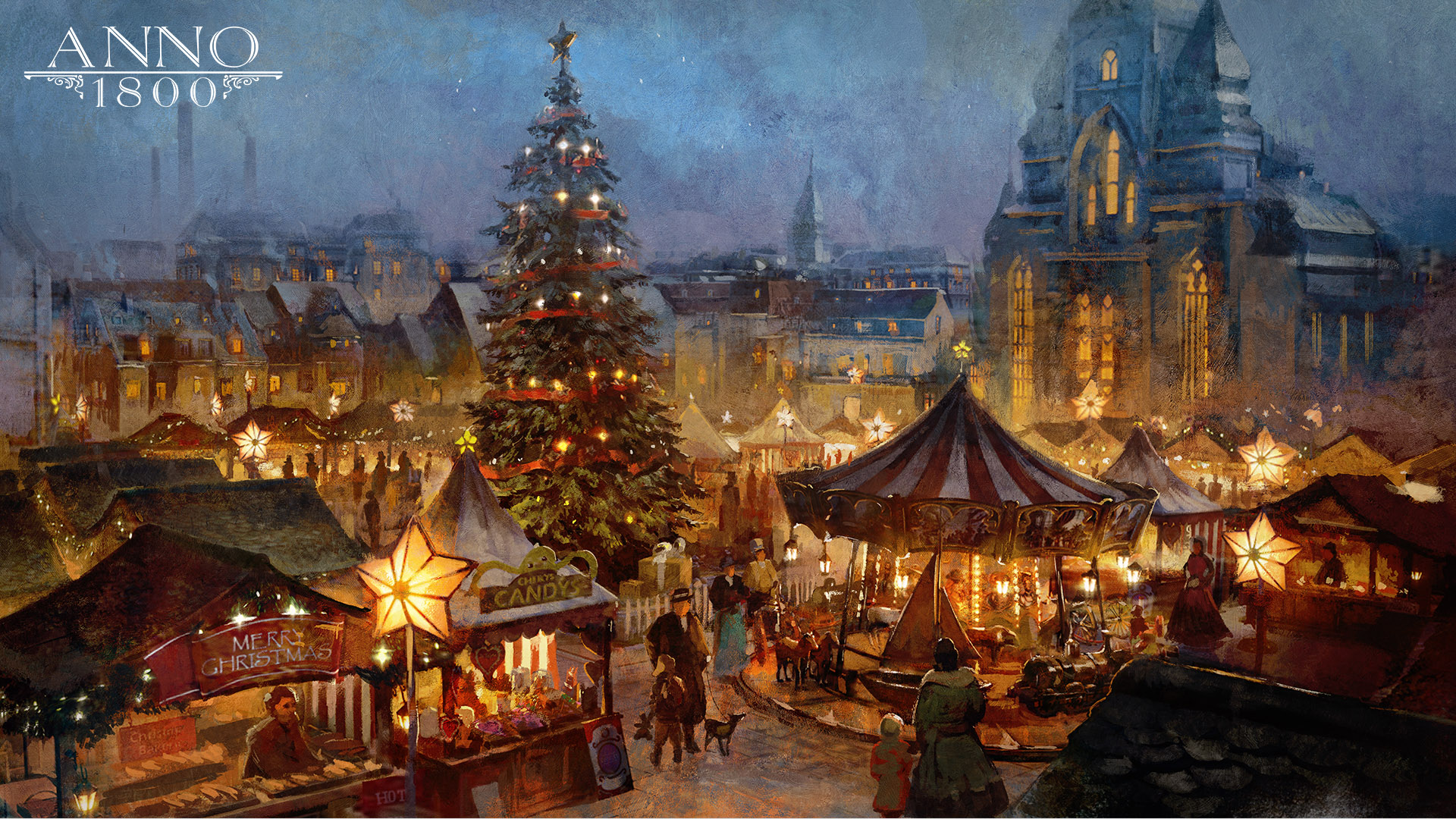 Anno 1800 1800s Digital Art Concept Art Artwork Ubisoft Christmas Christmas Market Christmas Tree Ca 1920x1080