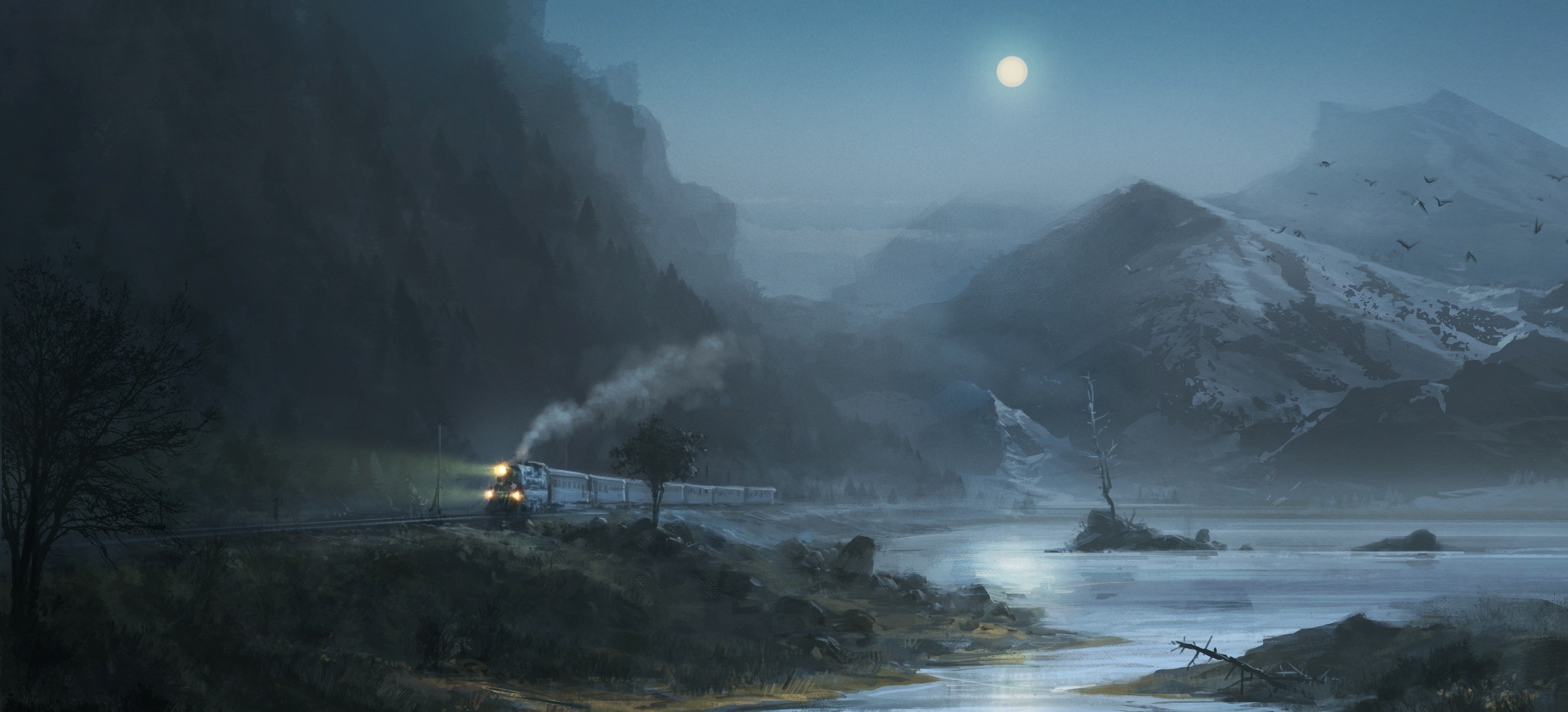 Train Painting Night Moon Artwork Dark Steam Locomotive Nature Landscape 3570x1620