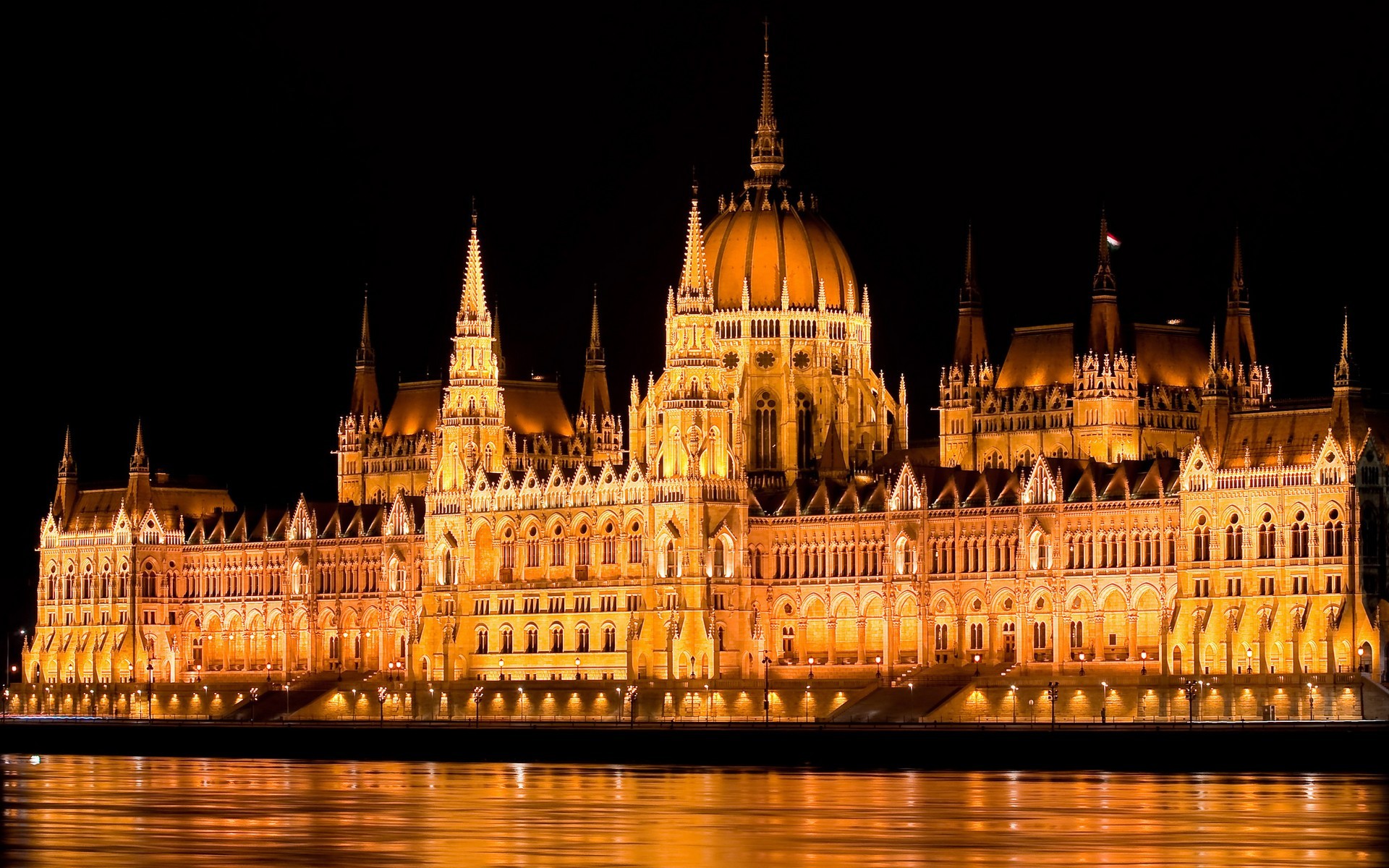 Hungary Budapest Hungarian Parliament Building Architecture Lights Building Night Water 1920x1200