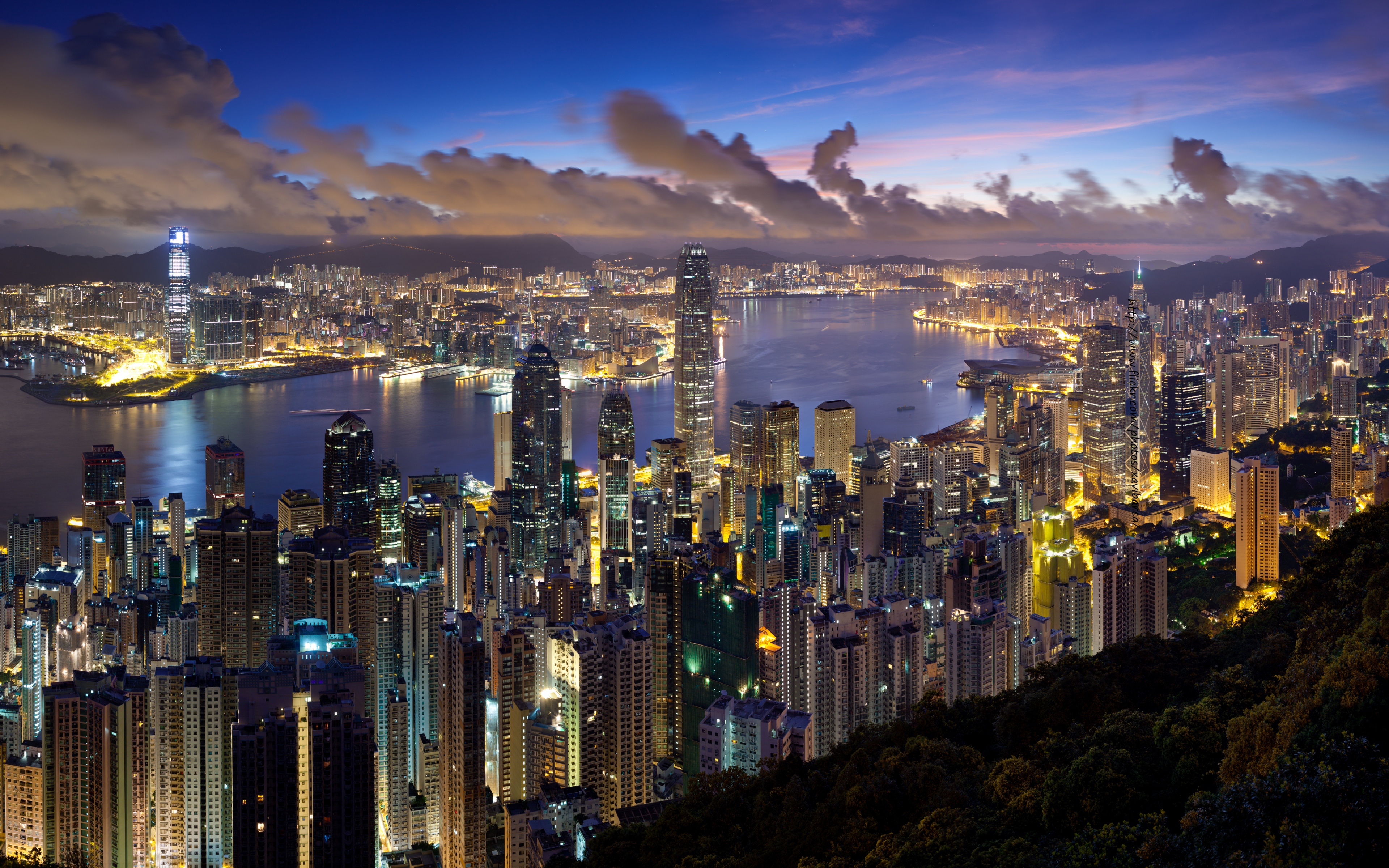 Town Night View Hong Kong Victoria Harbour Landscape Cityscape 3840x2400