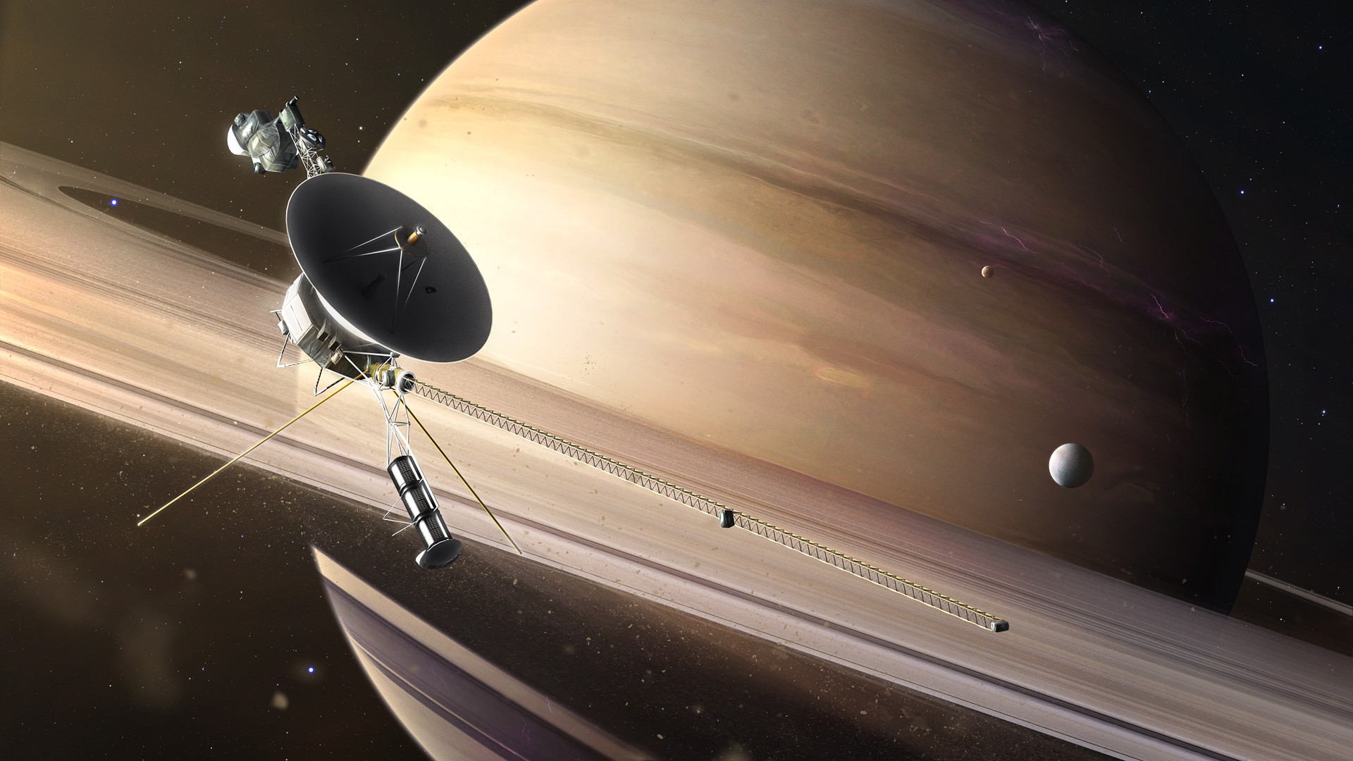 Digital Art CGi Space Universe Planet Stars Saturn Satellite Moon Technology Voyager 1920x1080