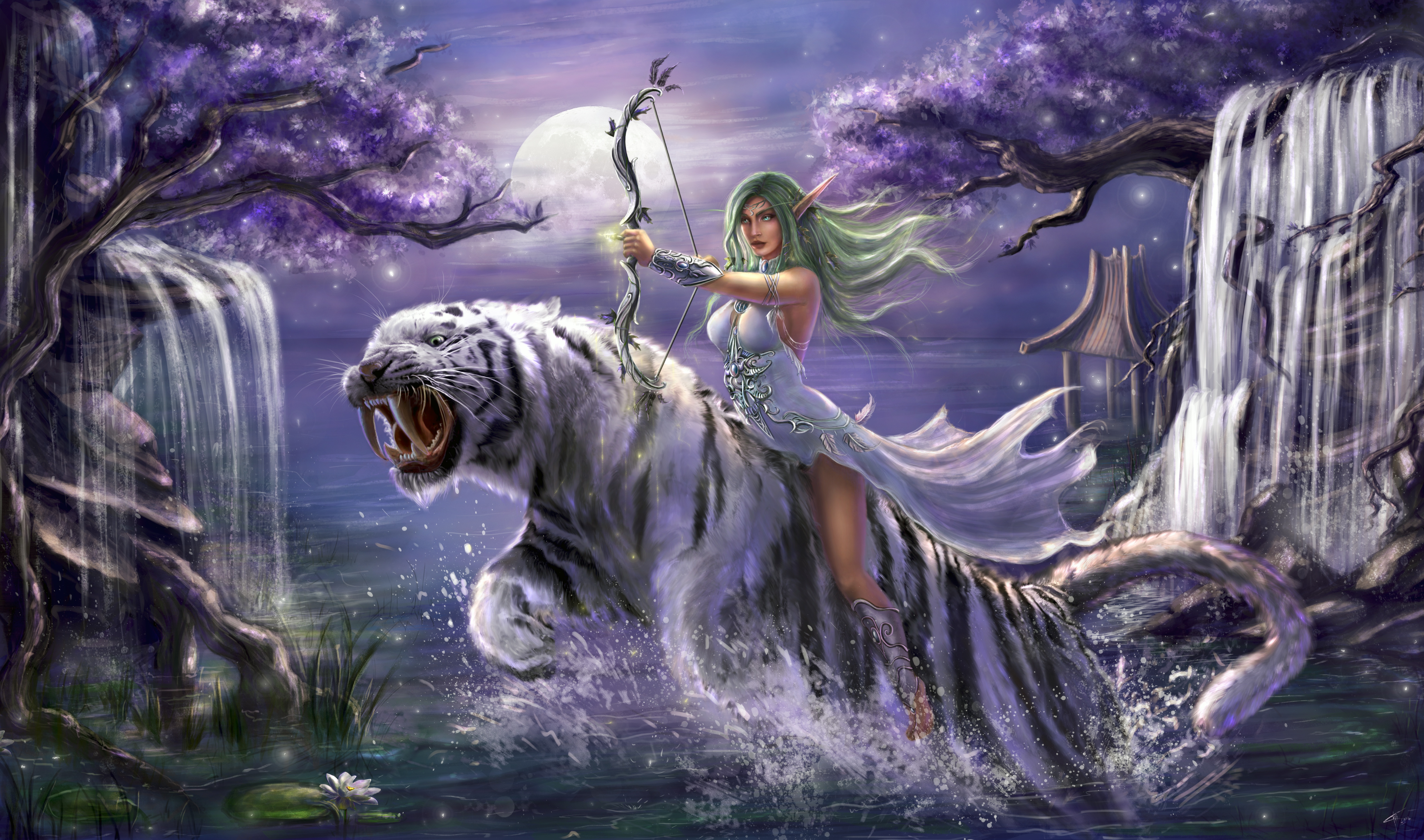 Tyrande Whisperwind World Of Warcraft Elf Woman Warrior Tiger Bow Blue Eyes Green Hair Pointed Ears  6342x3742