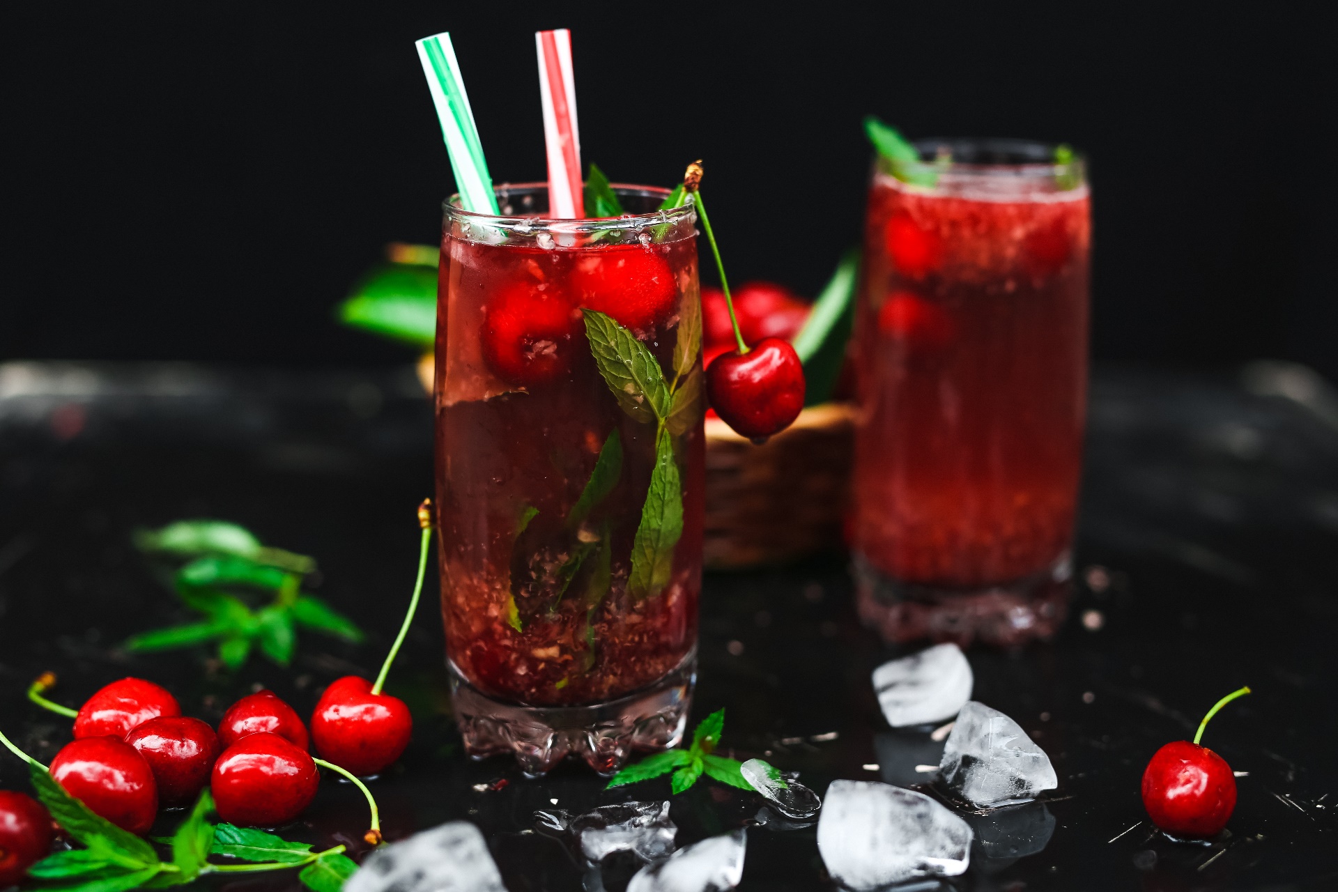 Fruit Food Cherries Cocktail Mint Leaves Ice Drinking Straw 1920x1280