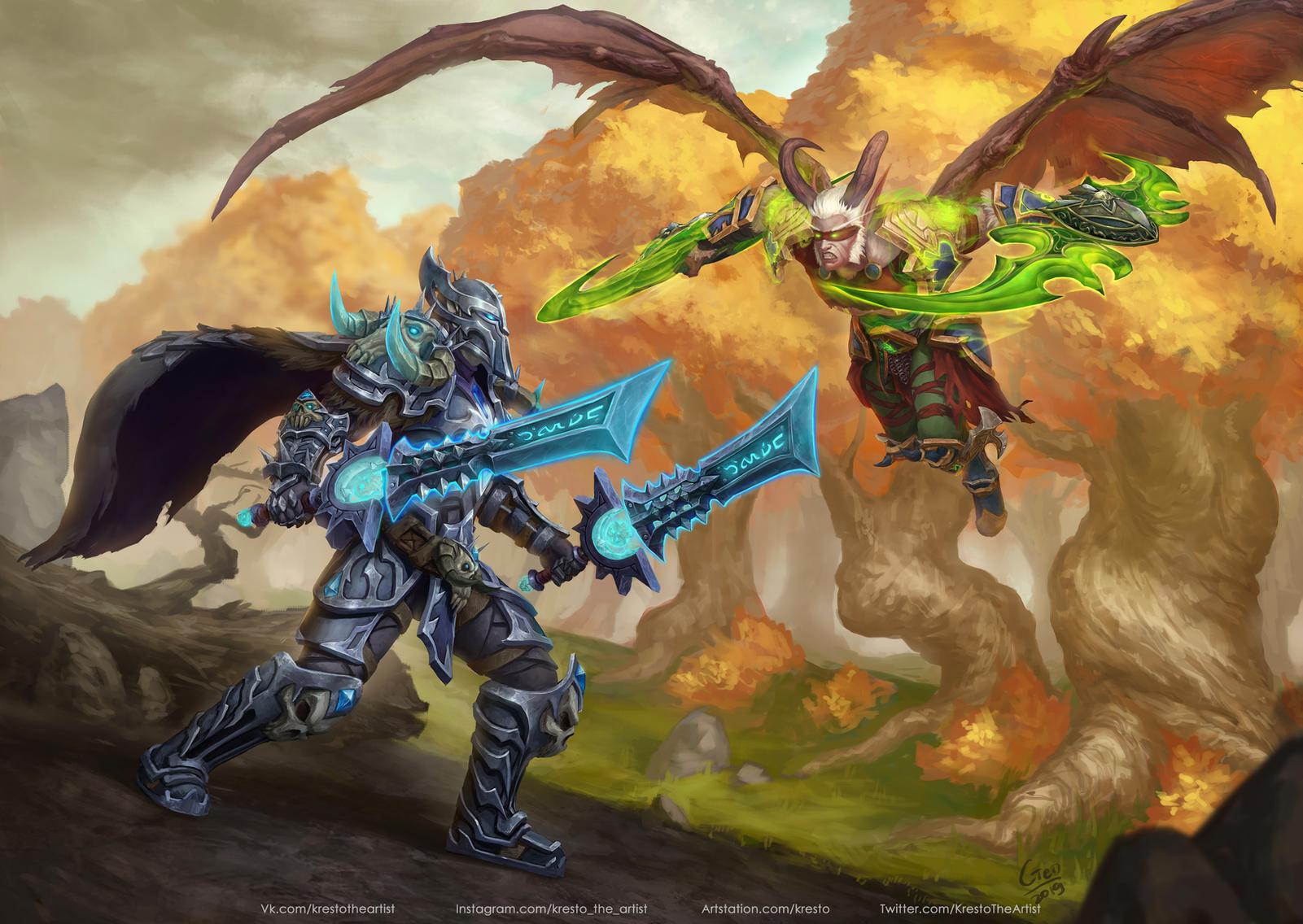 Kirill Stepanov Drawing Warcraft Death Knight Demon Hunter Demon Hunter WoW Wings Blades Weapon Tree 1601x1136