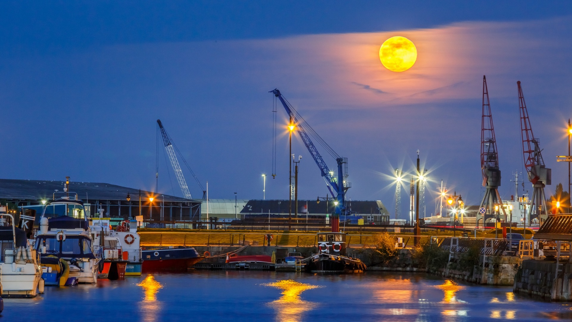 Ship Shipyard Dock Cranes Machine Evening Yachts Moon Sky Water Reflection Lights Building UK 1920x1080