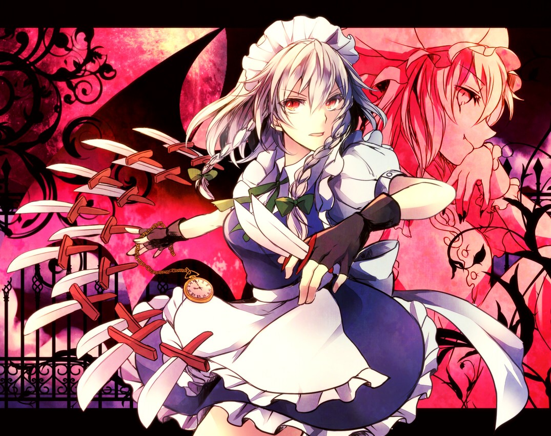 Remilia Scarlet Knives Maid Outfit Anime White Hair Red Eyes Touhou Izayoi Sakuya 1075x850