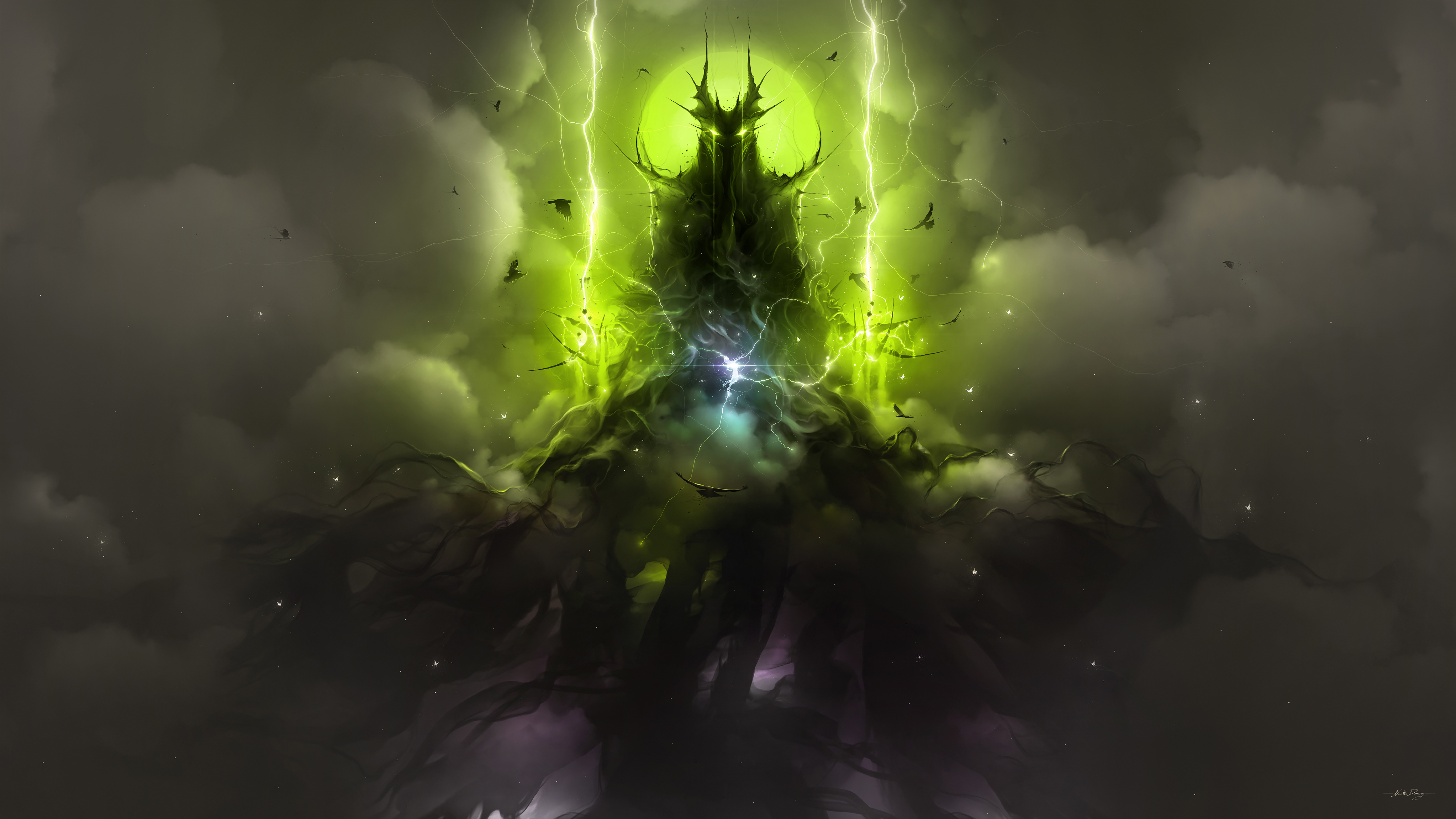 Digital Digital Art Artwork Fantasy Art Dark Magic Lightning Green Clouds Demon Creature Fictional C 4092x2302