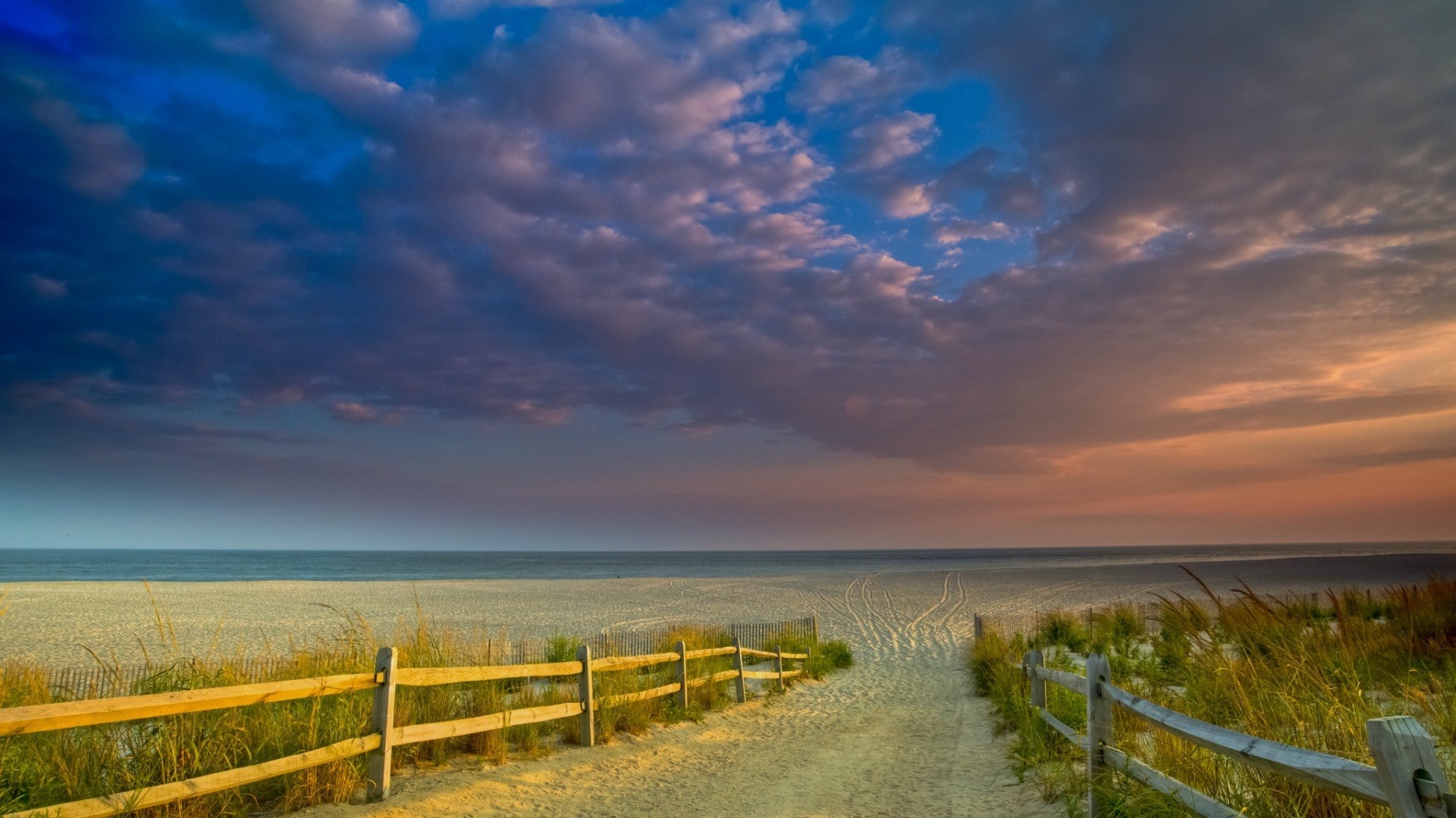 Beach Coast Purple Sky Sea Wood Fence 1920x1080