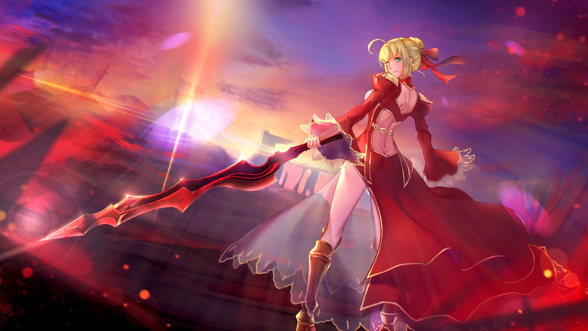 Anime Anime Girls Fate Extra Fate Stay Night Saber Extra Dress Heels Sword Short Hair Blonde Green E 1920x1080