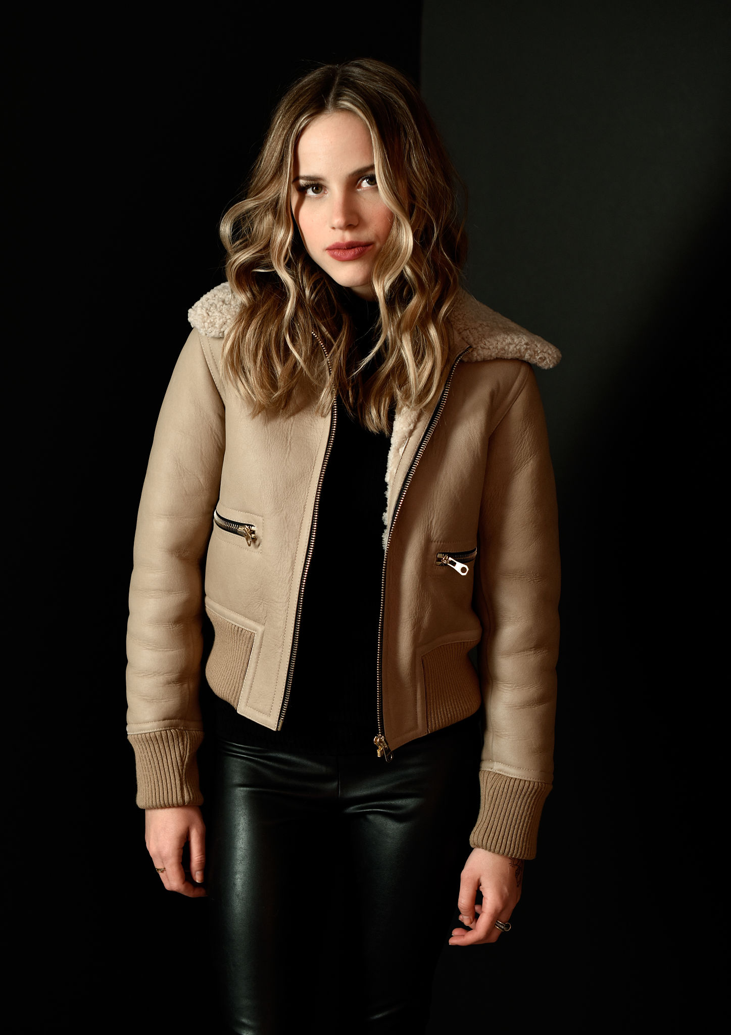 Halston Sage Actress Women Jacket Blonde Curly Hair Looking At Viewer Leather Pants Leather Jackets  1447x2048