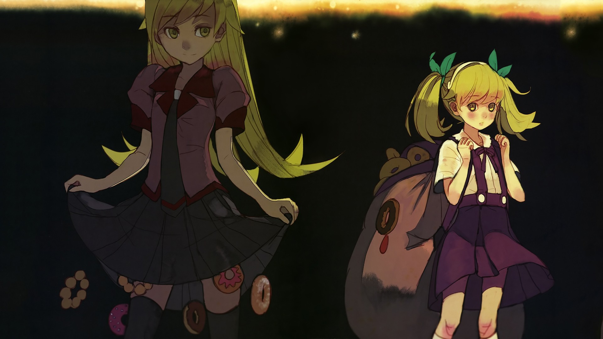 Oshino Shinobu Monogatari Series Anime Girls Blonde Yellow Eyes Doughnuts Thigh Highs 1920x1080