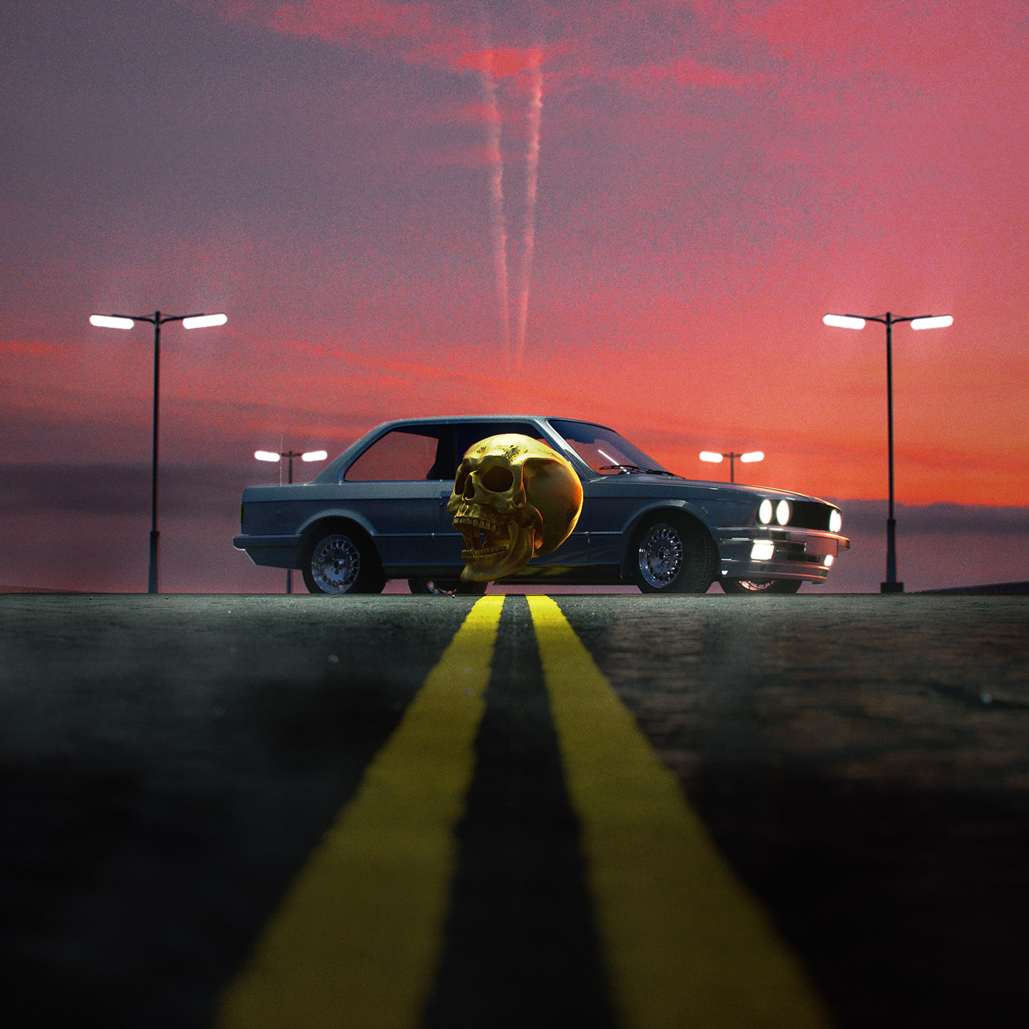 Music 3D Animation Skull Car Street Light Sunset Gold 2048x2048