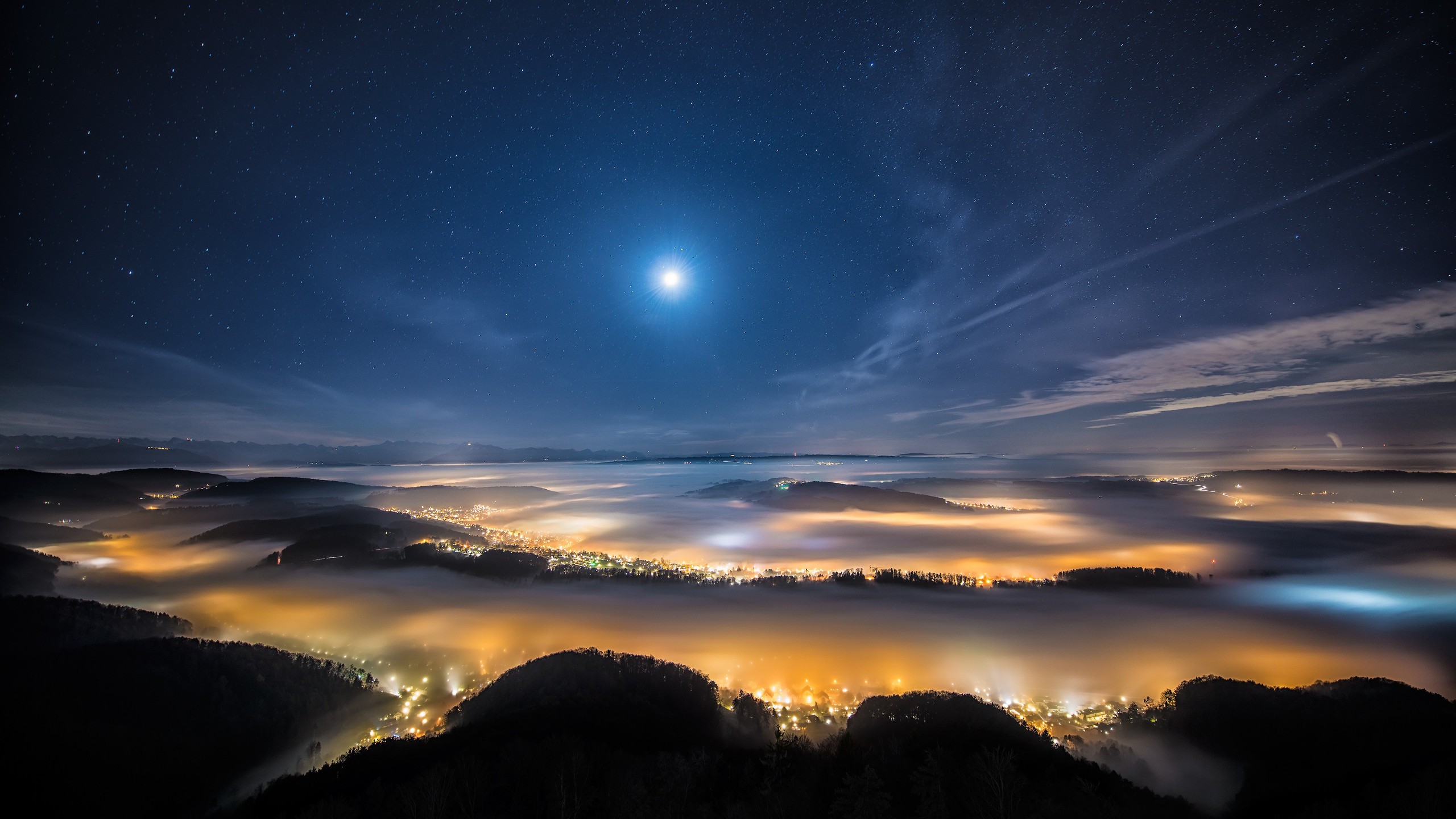 Switzerland Mountains Night Mist Zurich City Moon 2560x1440