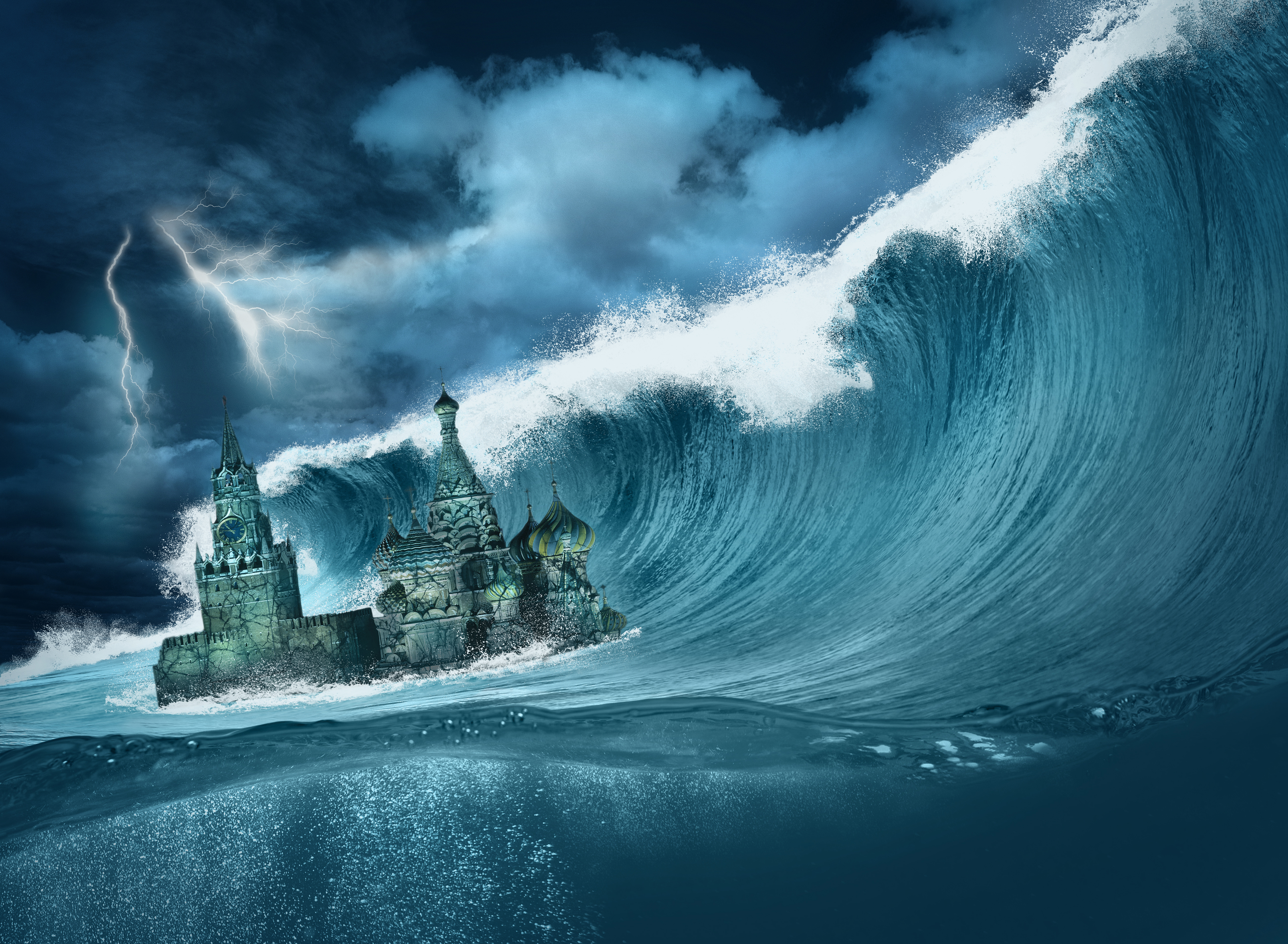 Sci Fi Apocalyptic Ocean Wave Kremlin Building Storm Cloud Blue 7102x5205
