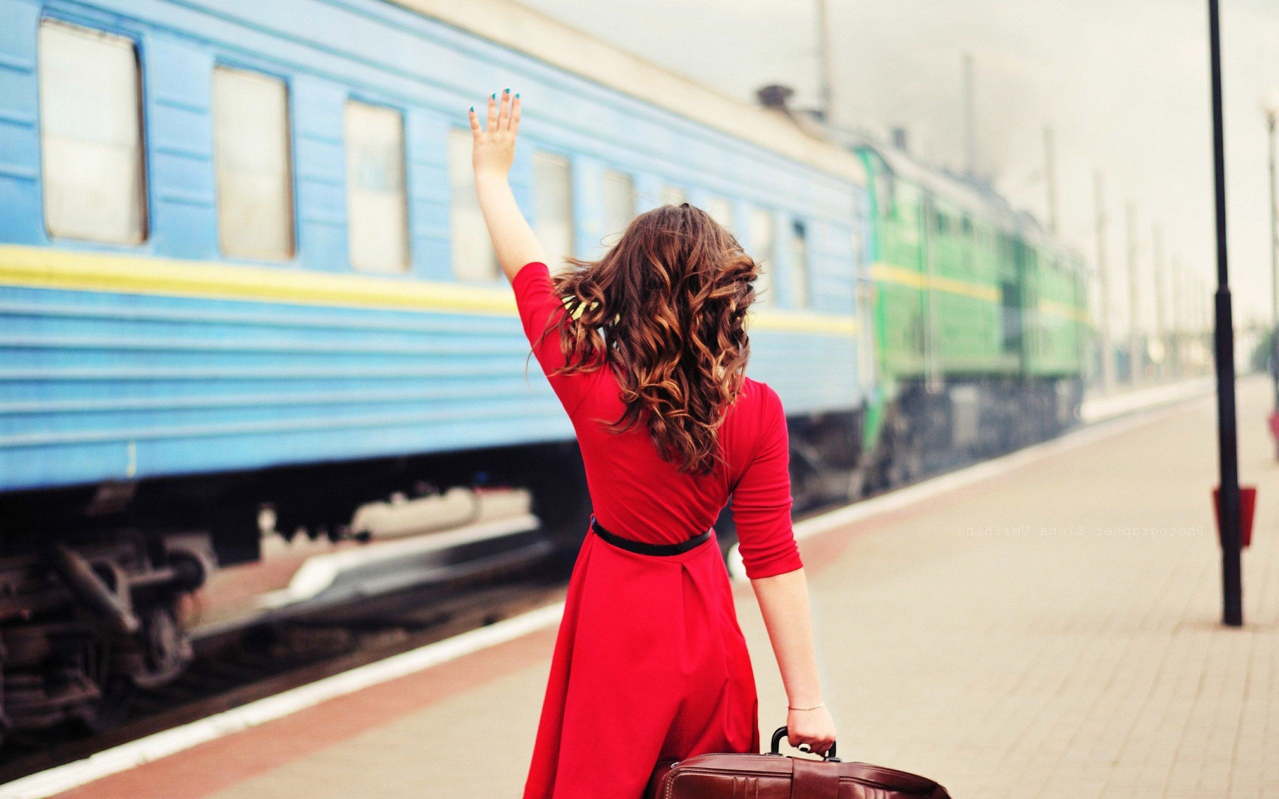 Women Model Hair Brunette Red Dress Train Railway Station 2560x1600
